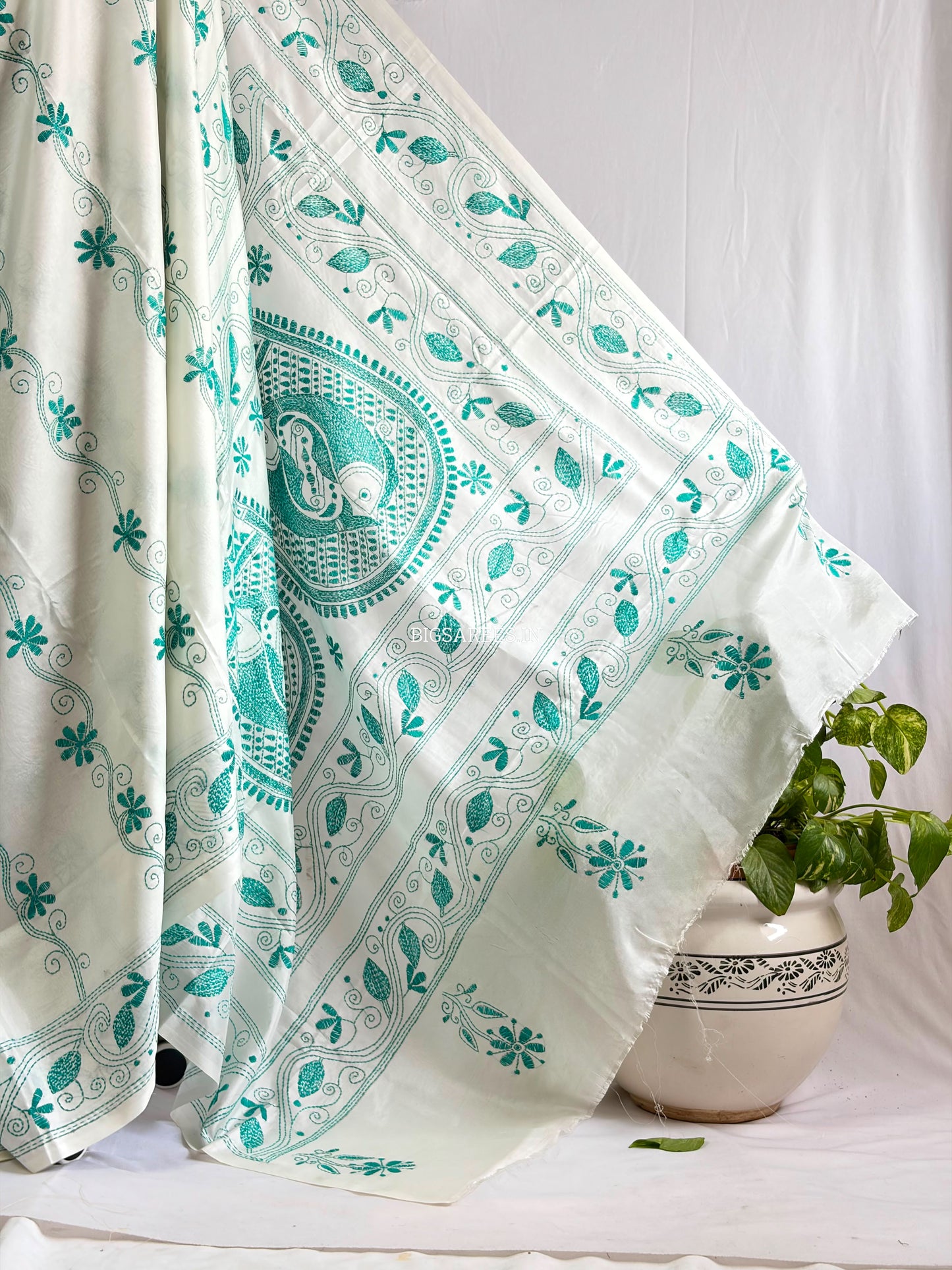 Kantha - Stitch Hand Embroidered Saree | Blended Bangalore Silk / Art Silk | White