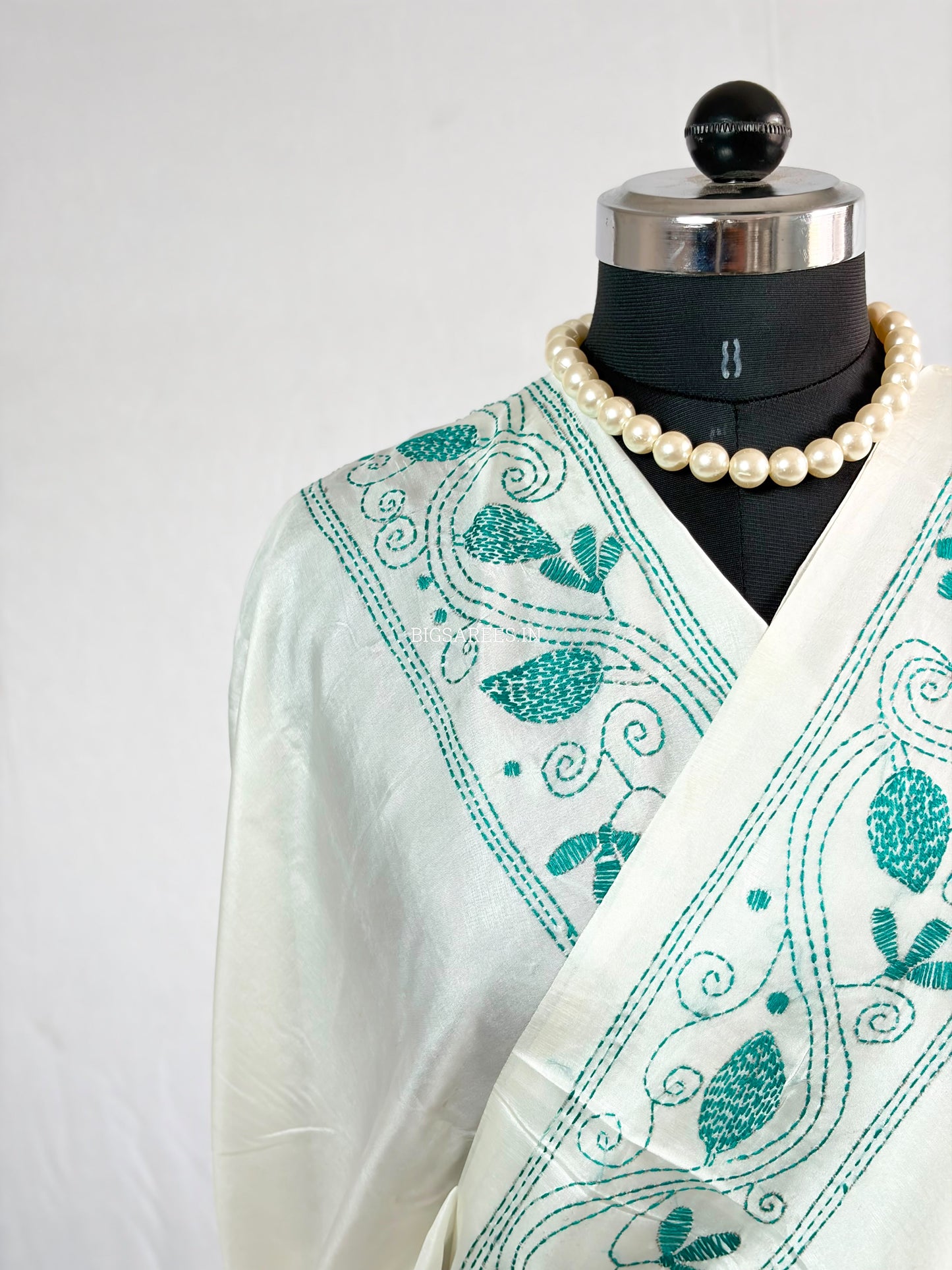 Kantha - Stitch Hand Embroidered Saree | Blended Bangalore Silk / Art Silk | White