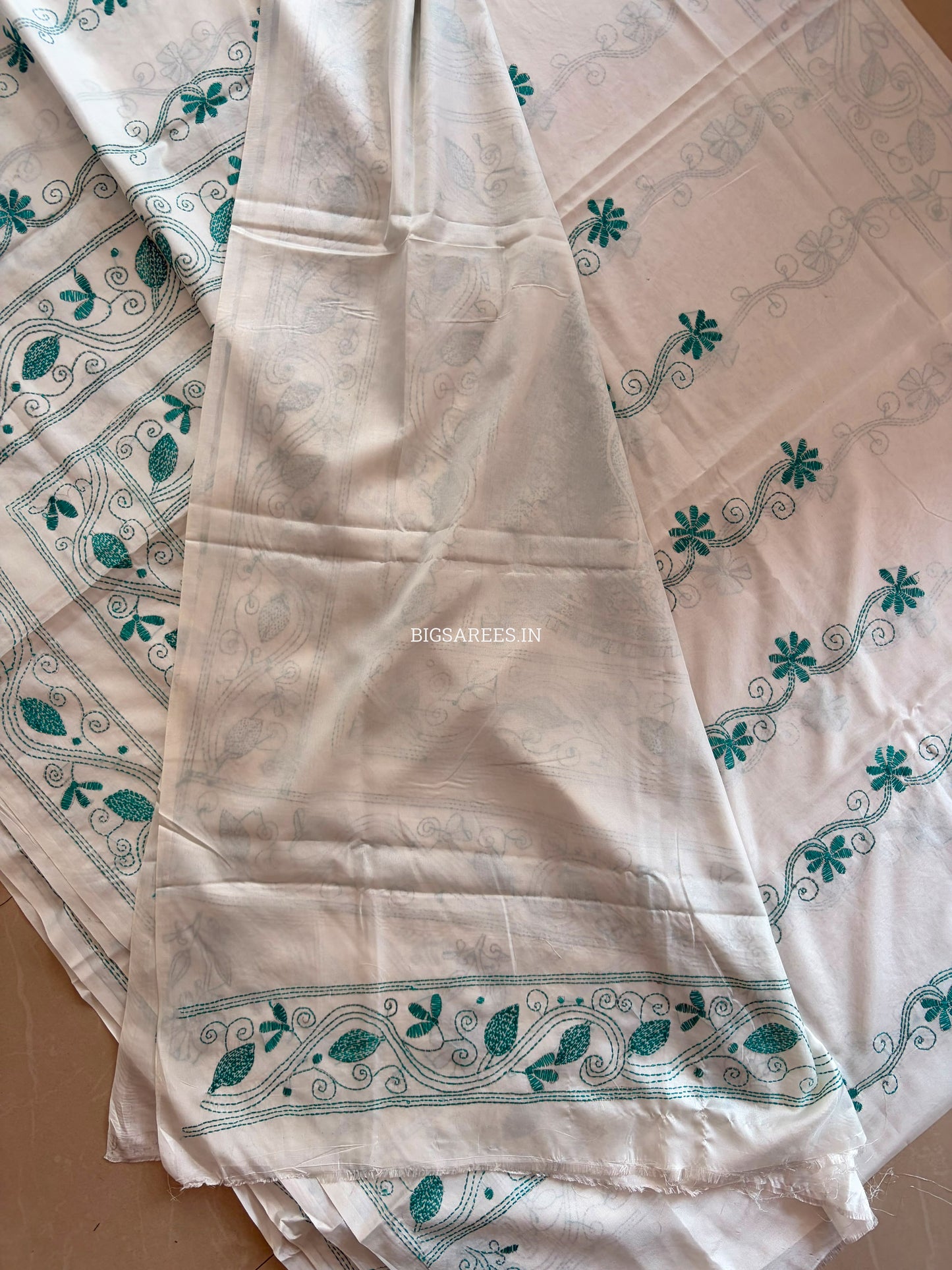 Kantha - Stitch Hand Embroidered Saree | Blended Bangalore Silk / Art Silk | White