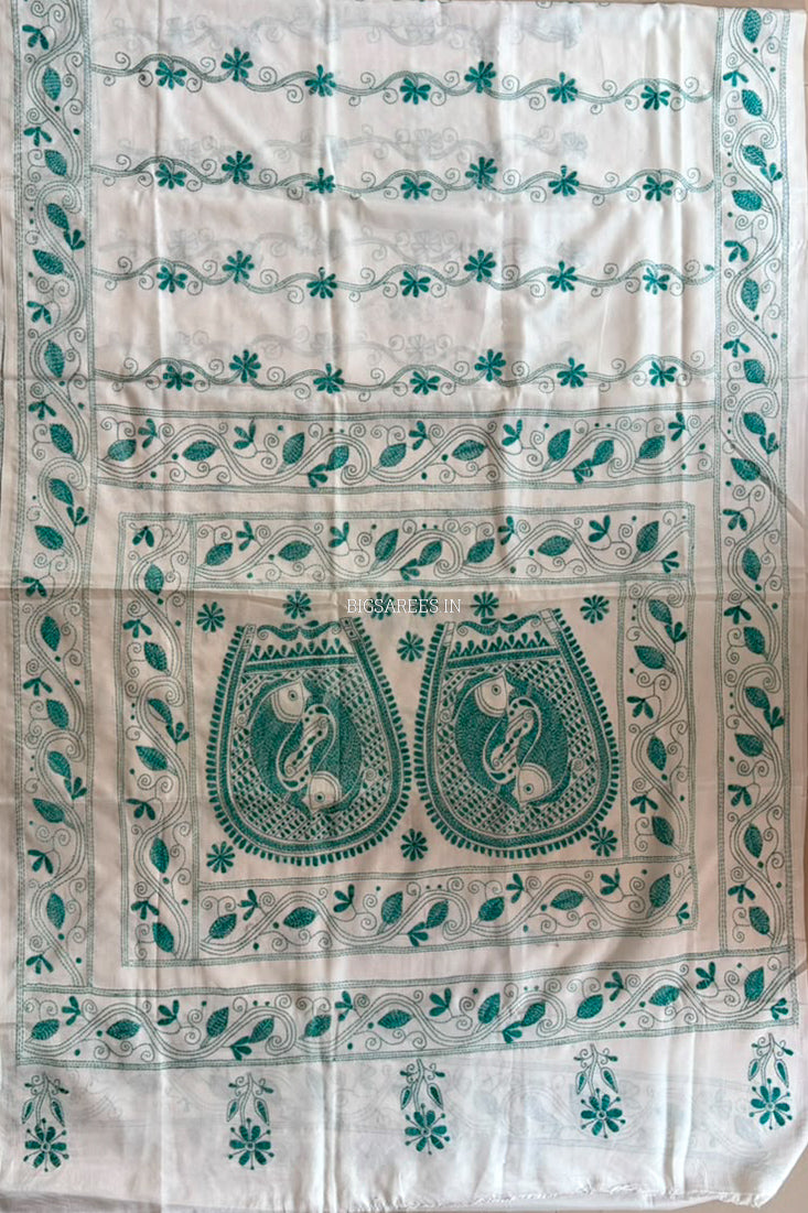 Kantha - Stitch Hand Embroidered Saree | Blended Bangalore Silk / Art Silk | White