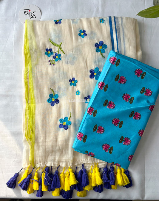 Mul Cotton Saree With Blouse | Machine Embroidery | White