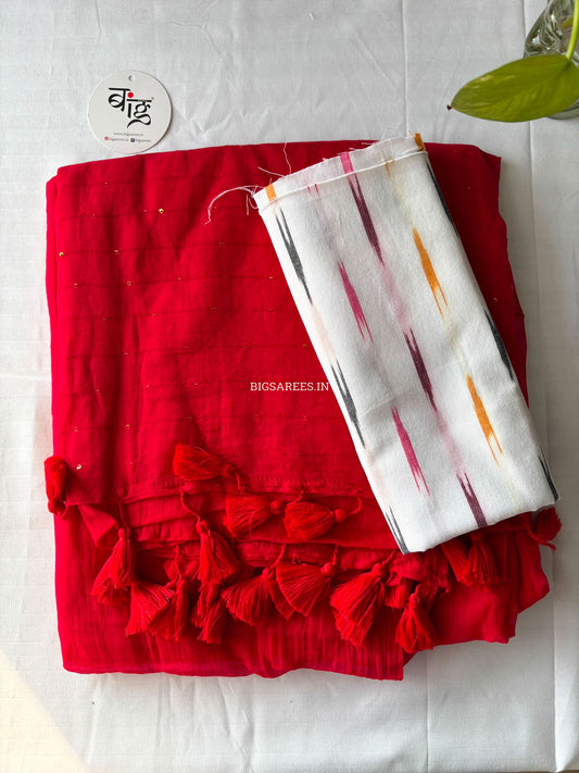 Jonaki Mul Cotton Saree With Ikat Blouse | Ultra Lightweight | Red