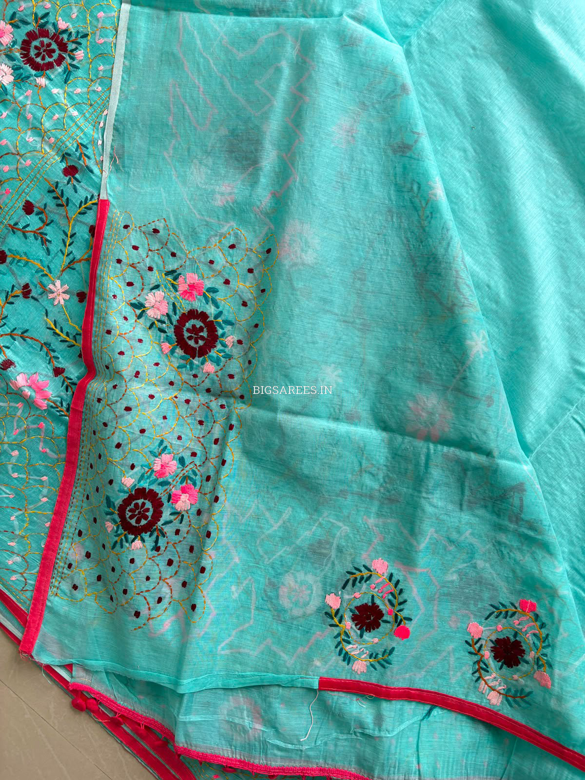 Phulkari Hand-Embroidered Saree | Chanderi Silk | Teal