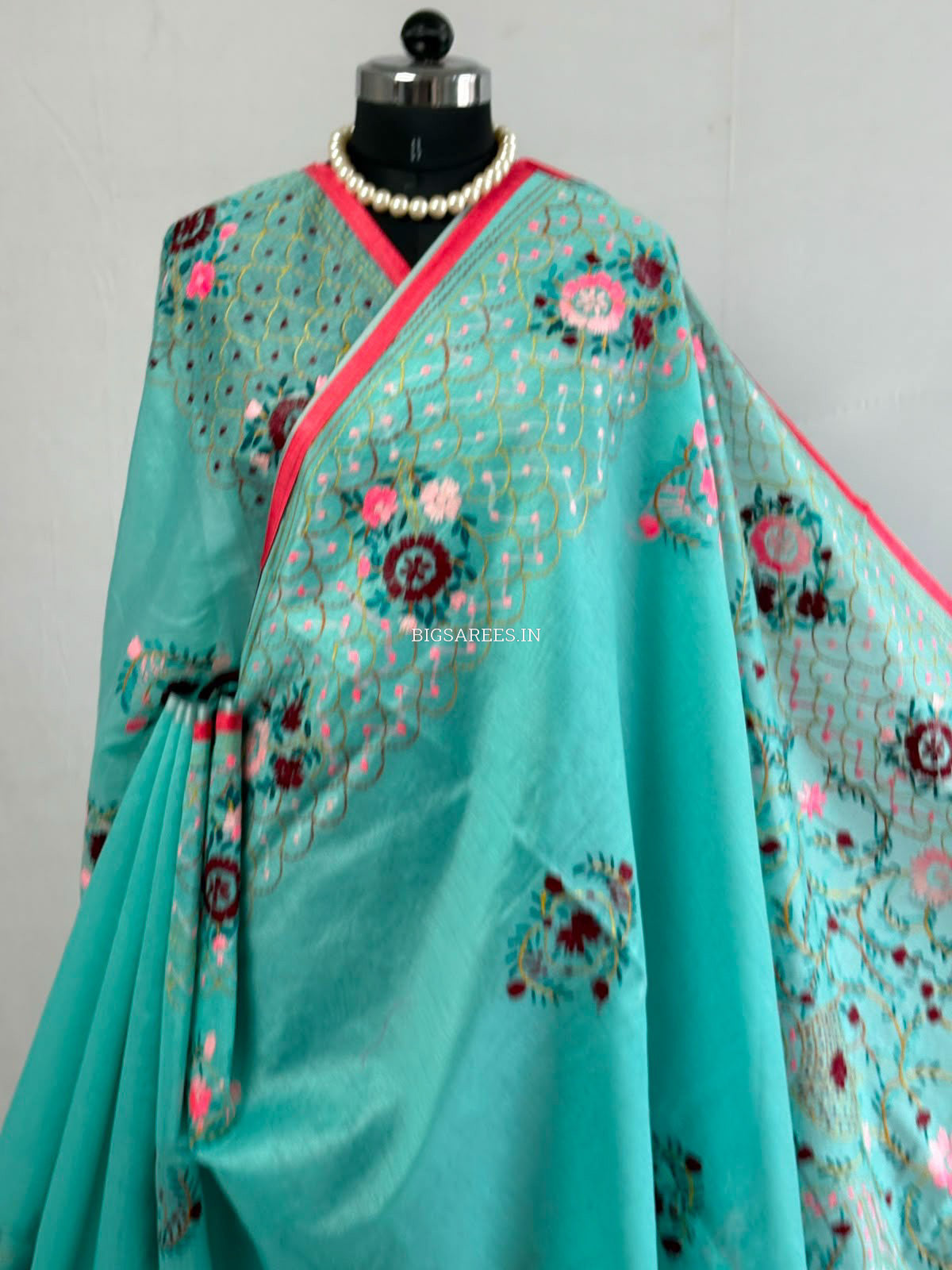 Phulkari Hand-Embroidered Saree | Chanderi Silk | Teal