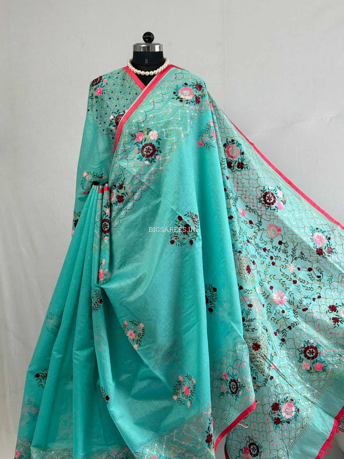 Phulkari Hand-Embroidered Saree | Chanderi Silk | Teal