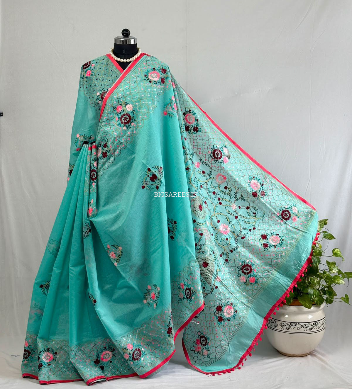 Phulkari Hand-Embroidered Saree | Chanderi Silk | Teal