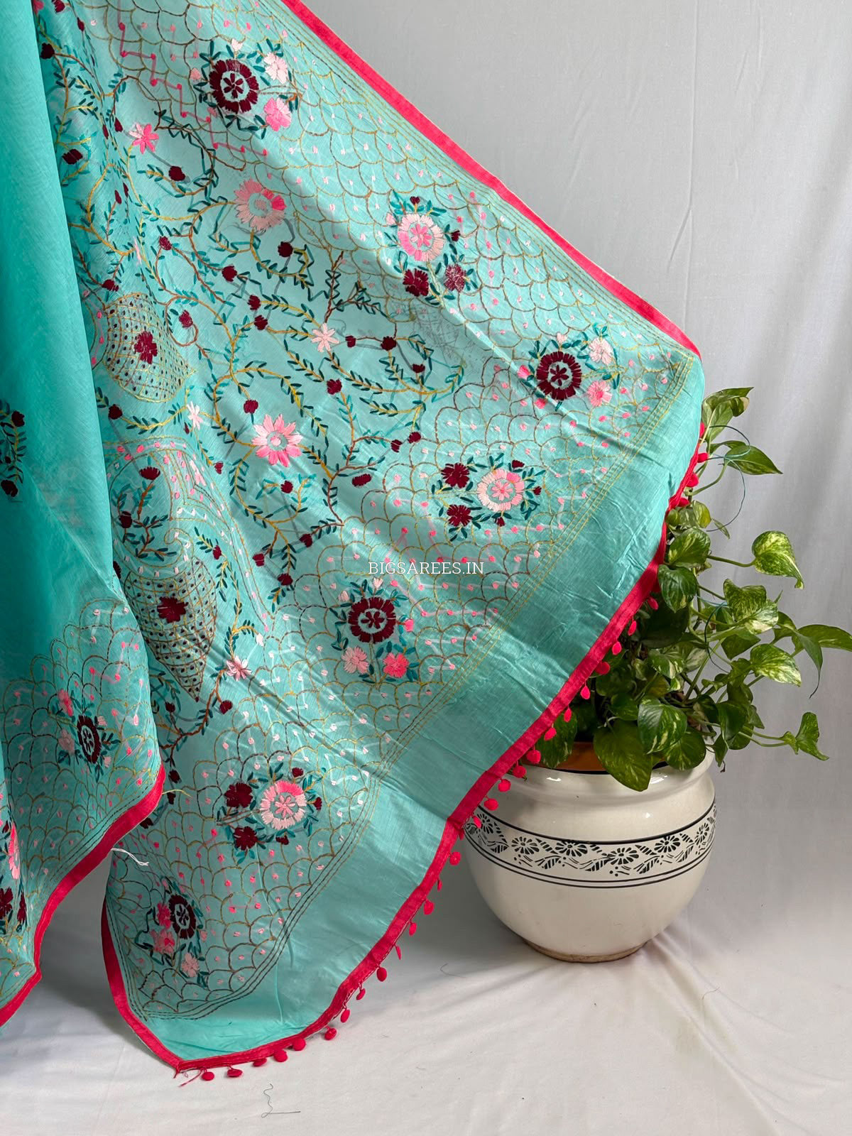 Phulkari Hand-Embroidered Saree | Chanderi Silk | Teal