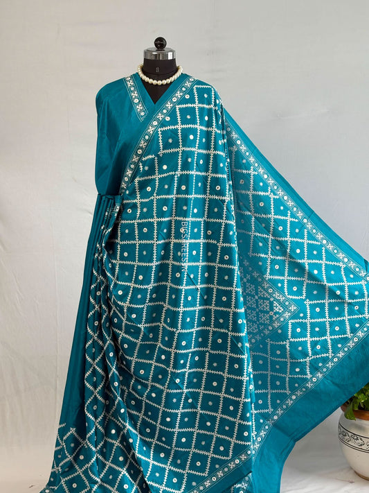 Kutchi/Gujarati Stitch Hand Embroidered Saree | Art Silk | Foil Mirror | Teal