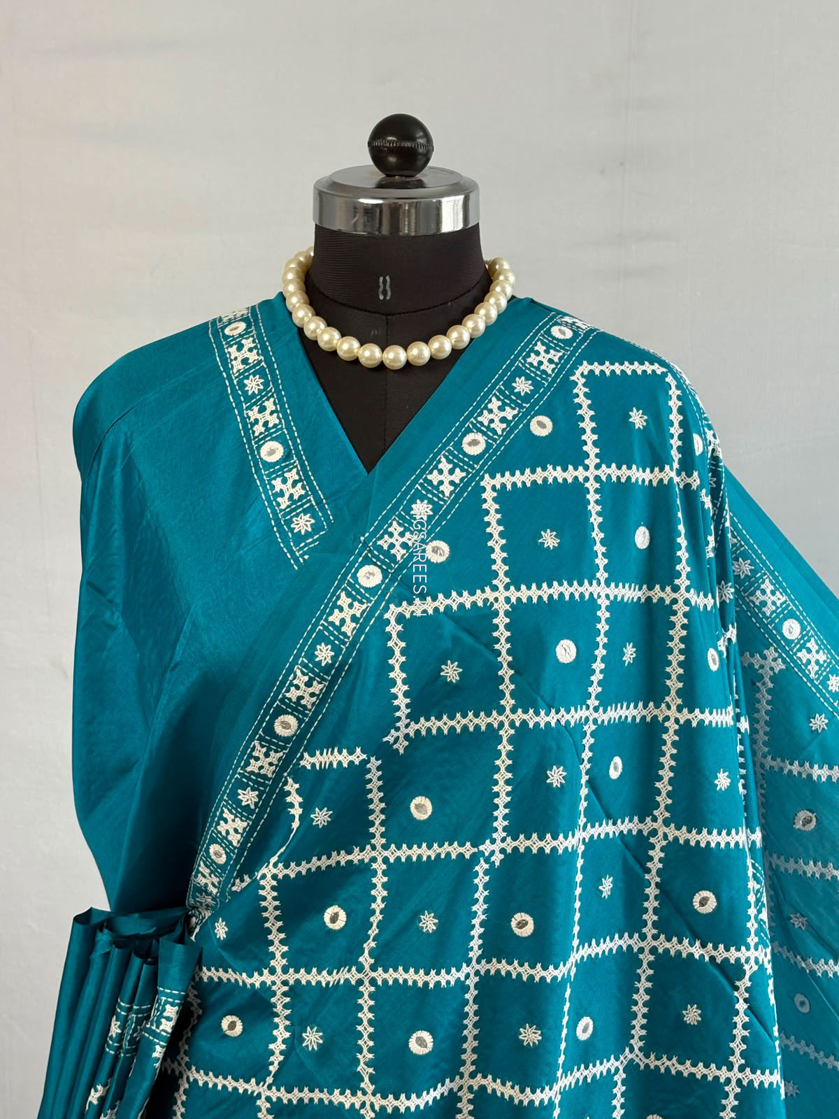 Kutchi/Gujarati Stitch Hand Embroidered Saree | Art Silk | Foil Mirror | Teal