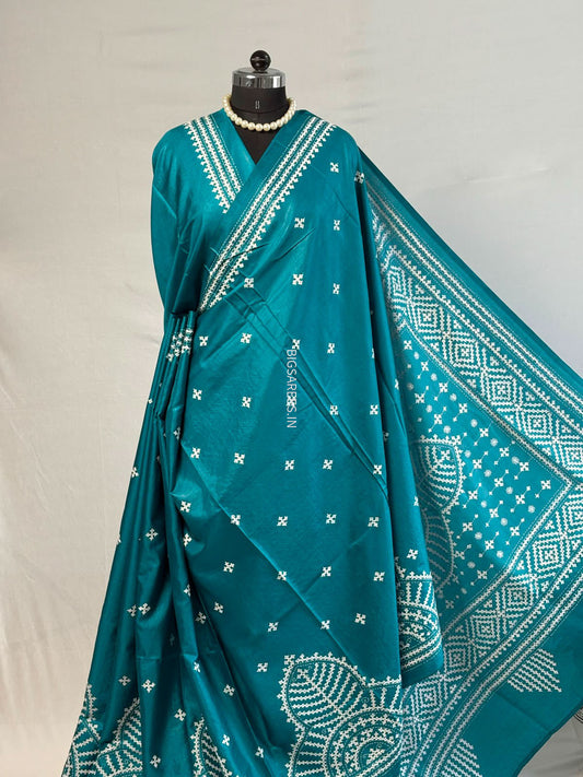 Kutchi/Gujarati Stitch Hand Embroidered Saree | Art Silk | Teal