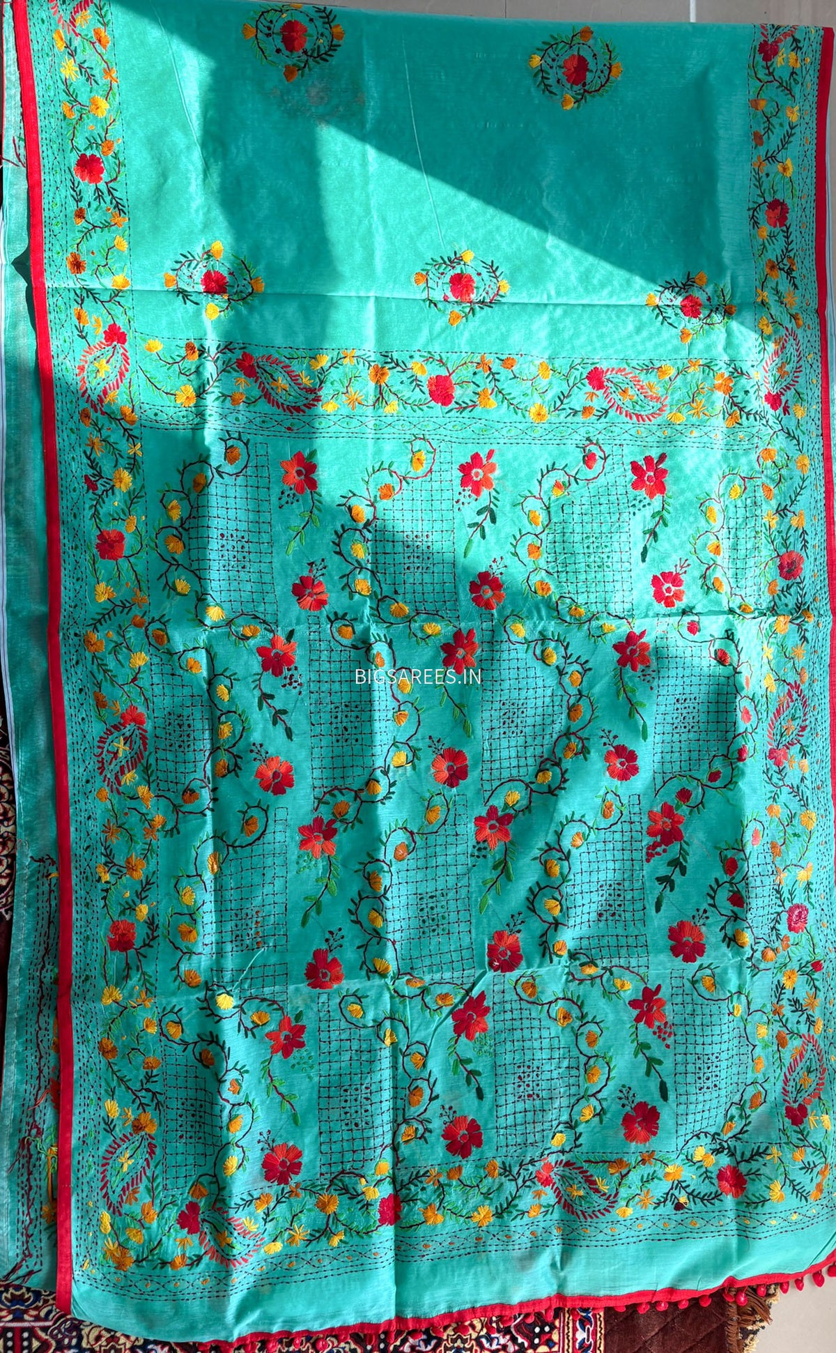 Phulkari Hand-Embroidered Saree | Chanderi Silk | Teal