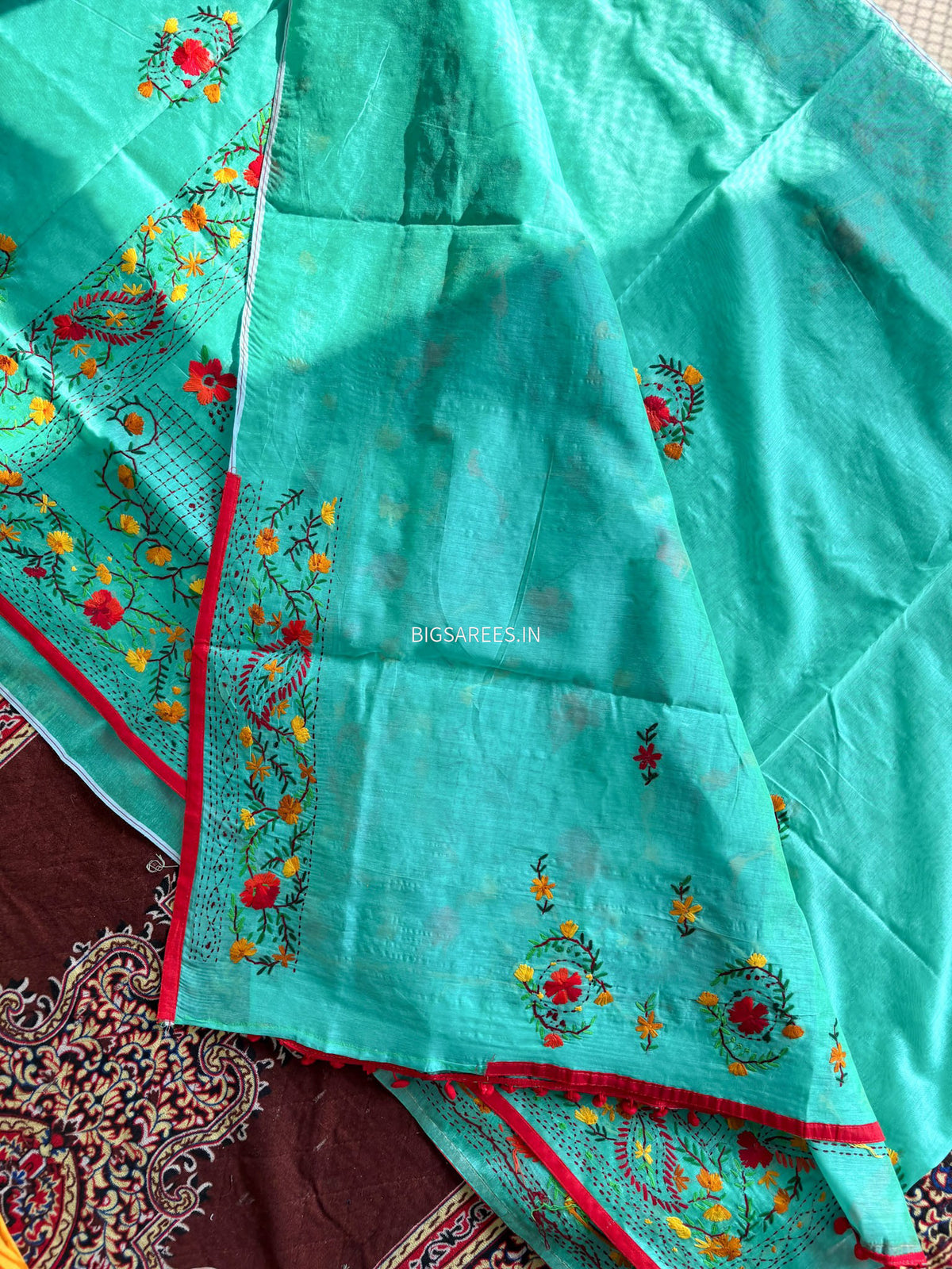 Phulkari Hand-Embroidered Saree | Chanderi Silk | Teal