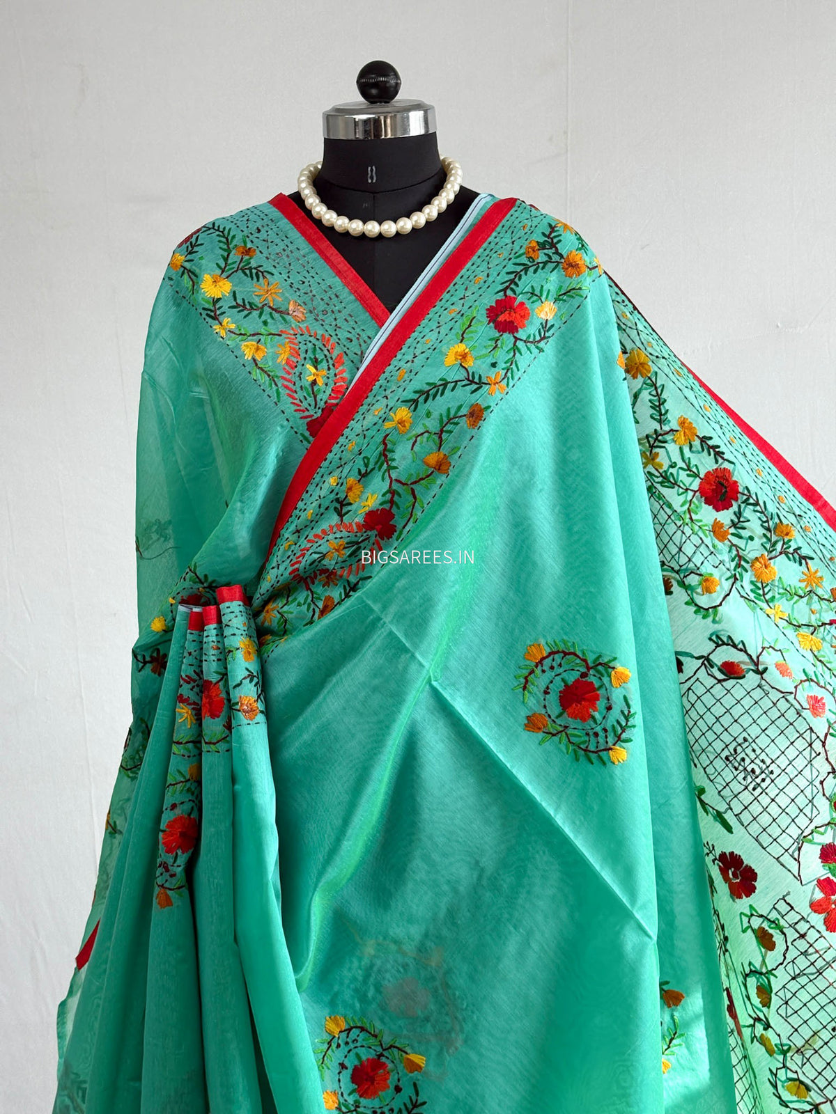 Phulkari Hand-Embroidered Saree | Chanderi Silk | Teal