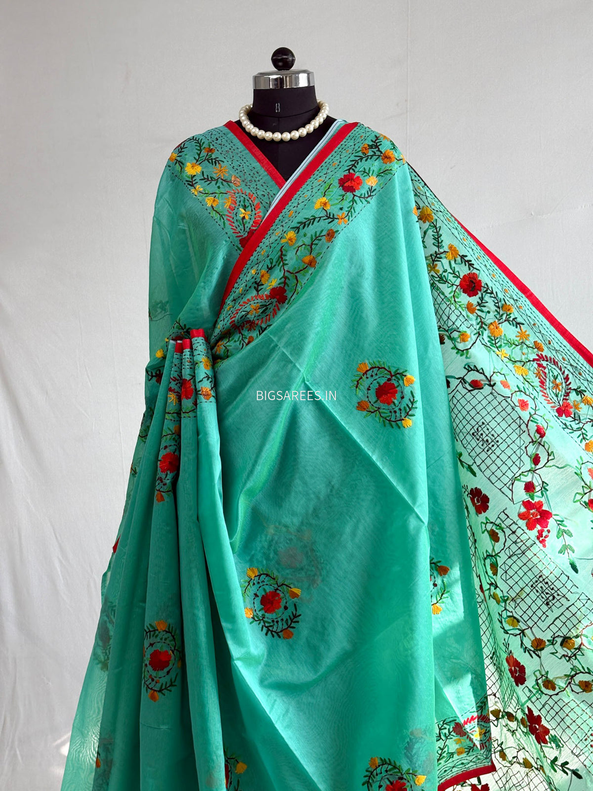Phulkari Hand-Embroidered Saree | Chanderi Silk | Teal