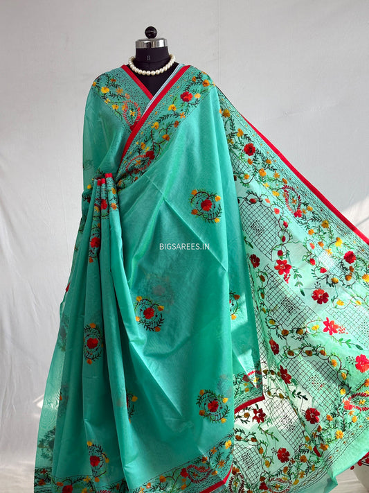 Phulkari Hand-Embroidered Saree | Chanderi Silk | Teal