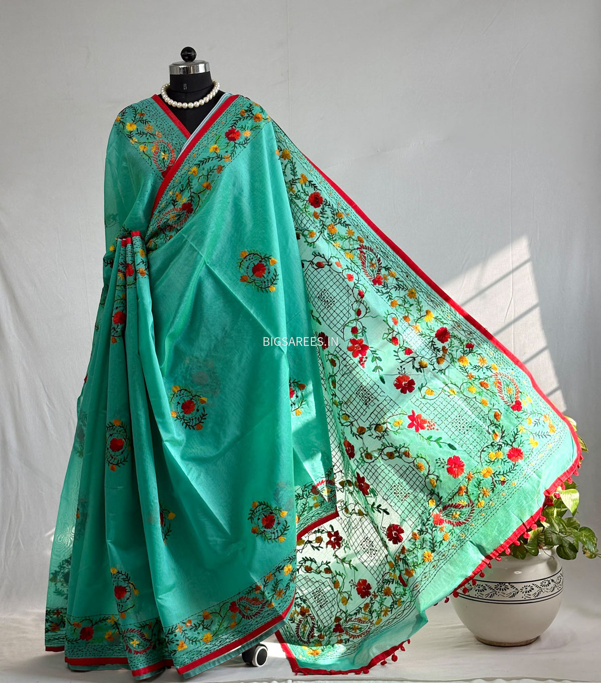 Phulkari Hand-Embroidered Saree | Chanderi Silk | Teal