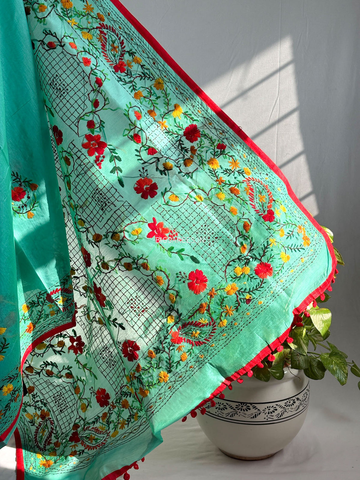 Phulkari Hand-Embroidered Saree | Chanderi Silk | Teal