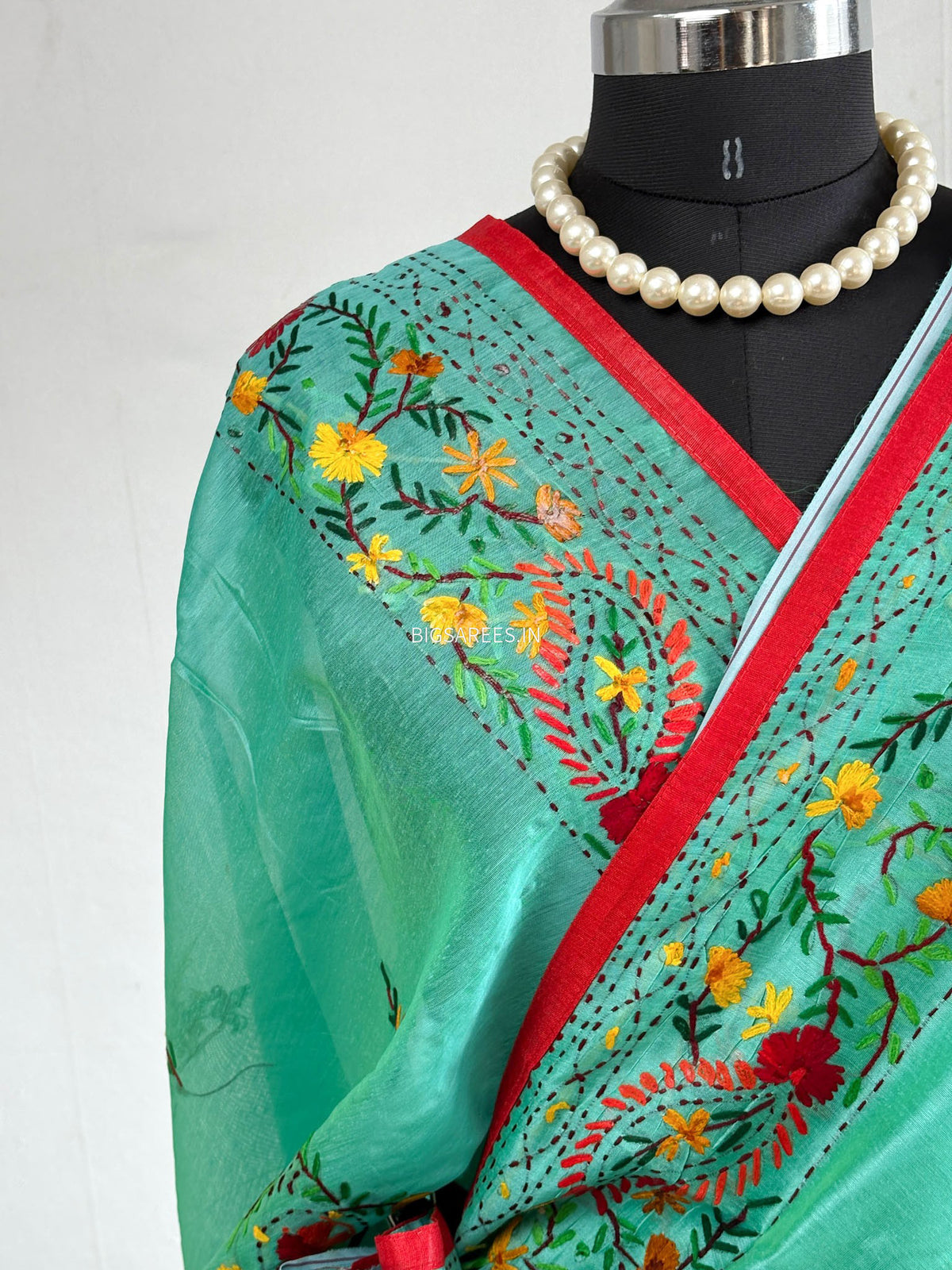 Phulkari Hand-Embroidered Saree | Chanderi Silk | Teal