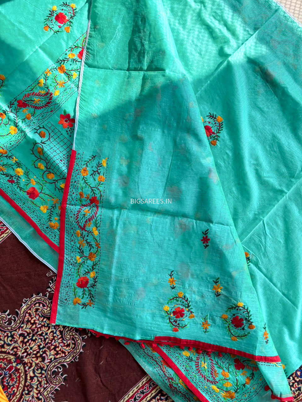 Phulkari Hand-Embroidered Saree | Chanderi Silk | Teal