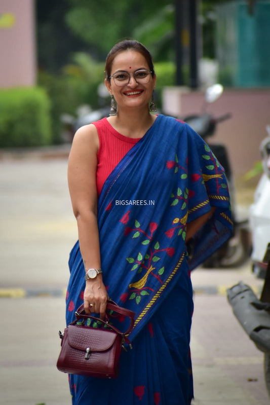 Kantha Hand-Embroidered Saree | Pure Khadi Cotton | Blue