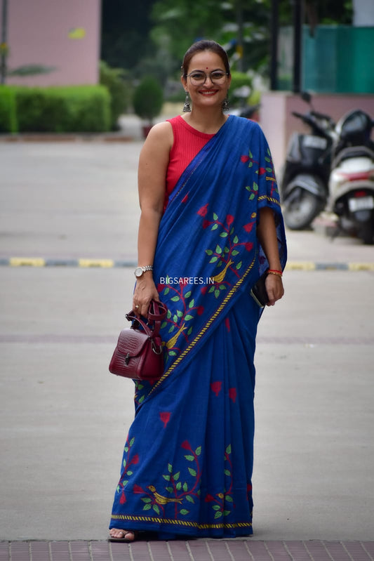 Kantha Hand-Embroidered Saree | Pure Khadi Cotton | Blue