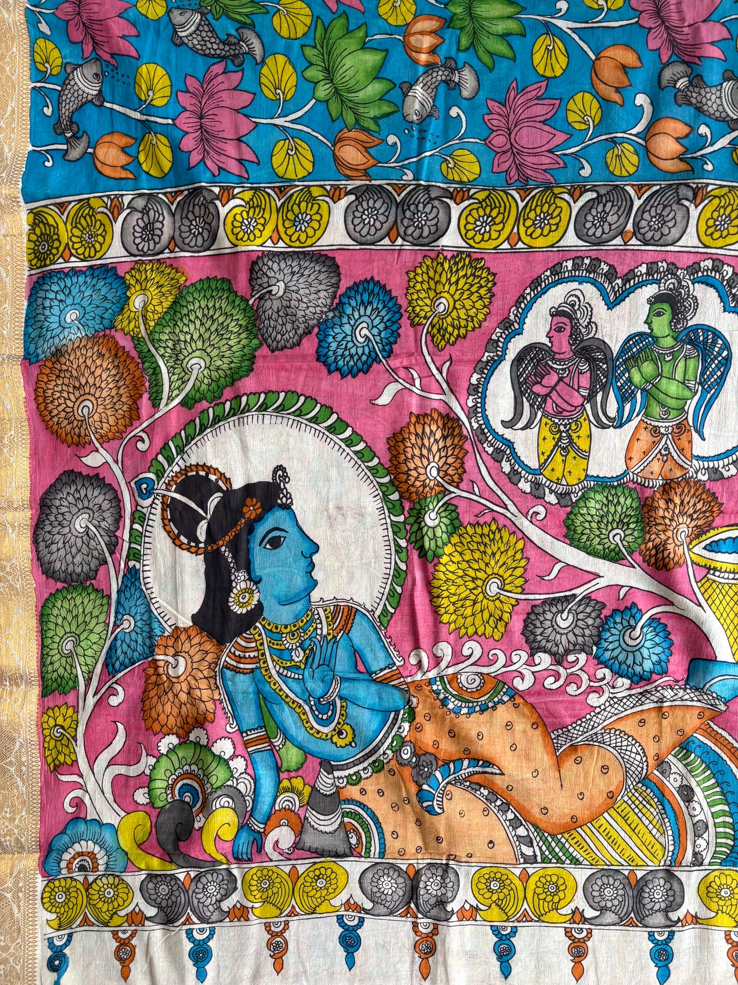 Pen Kalamkari hand painted pure cotton Saree with blouse