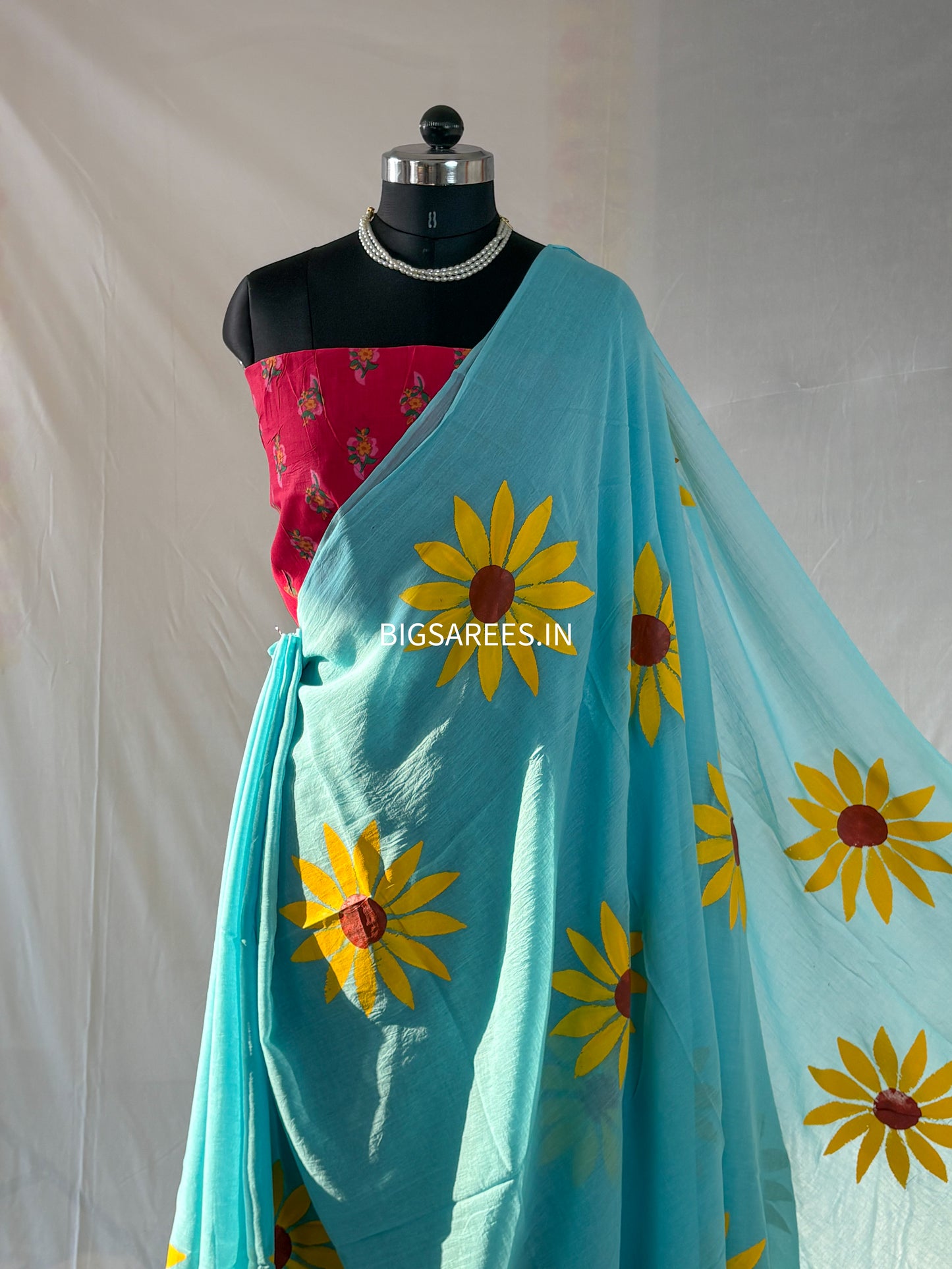 Hand Painted Mul Cotton Saree with Blouse | Sky Blue