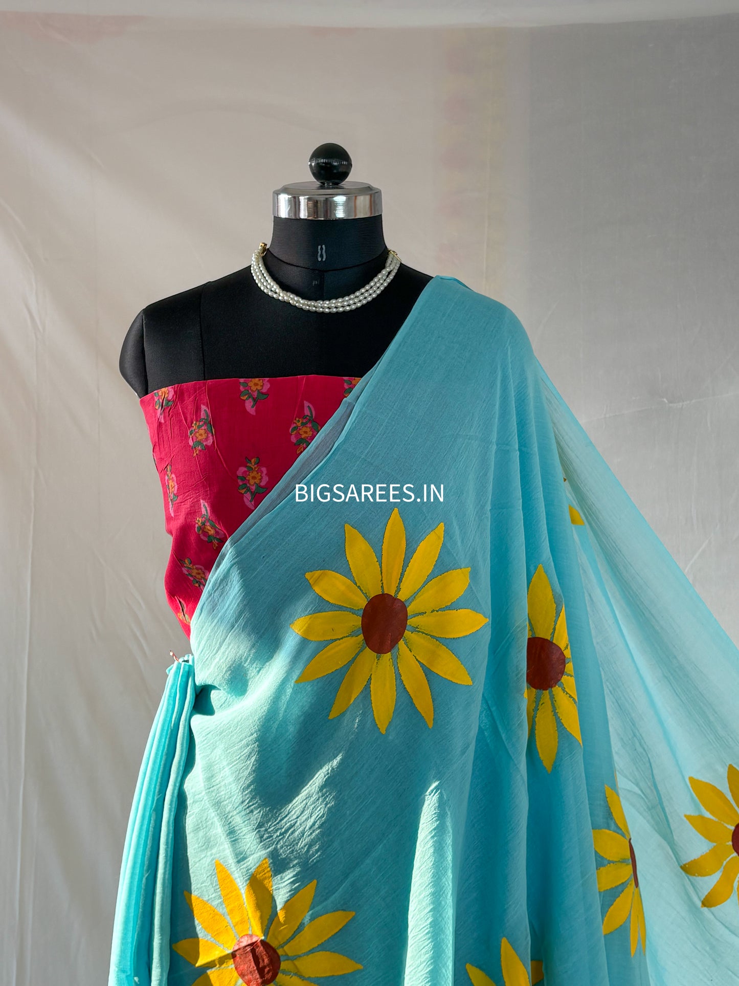 Hand Painted Mul Cotton Saree with Blouse | Sky Blue