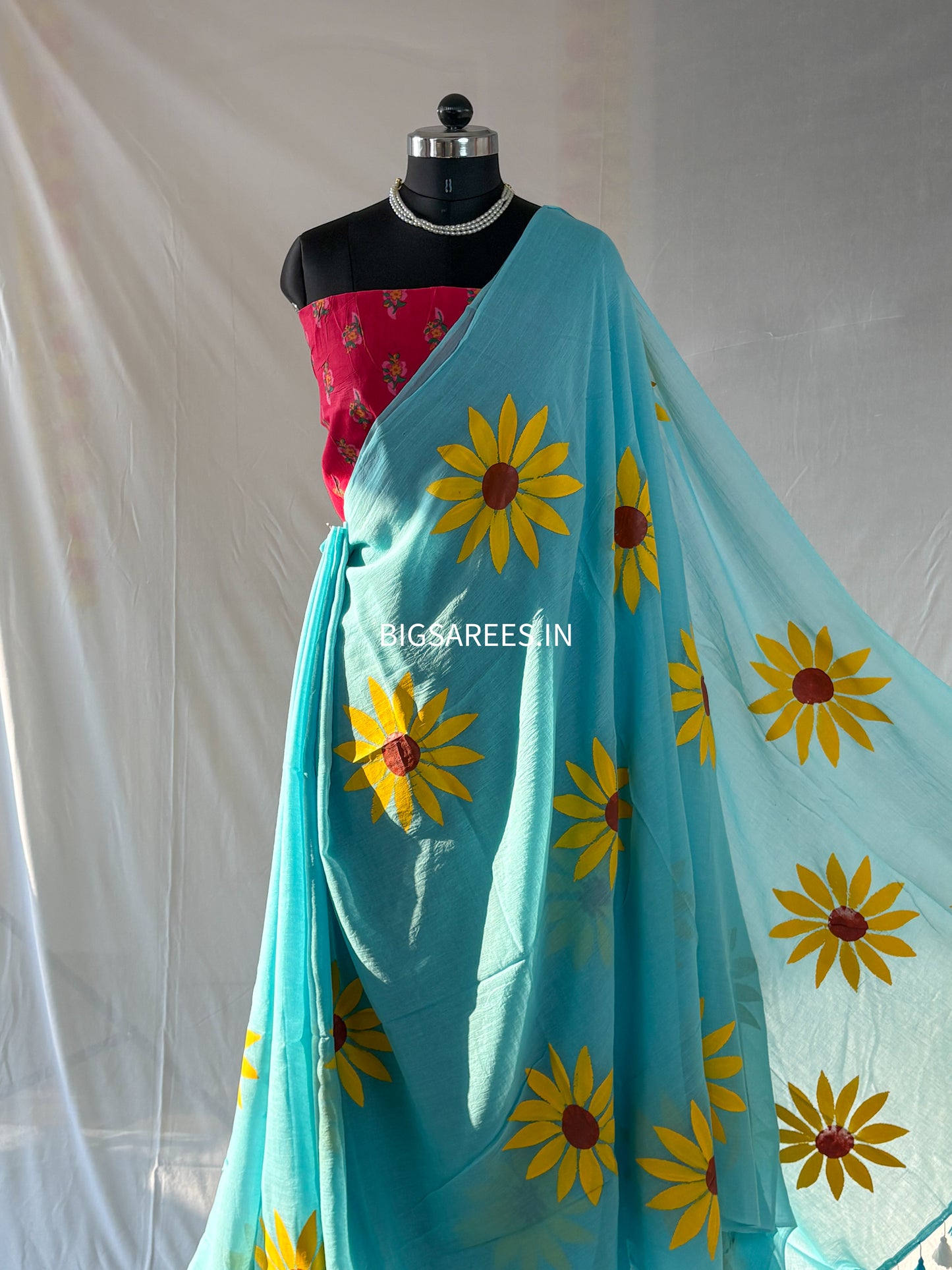 Hand Painted Mul Cotton Saree with Blouse | Sky Blue