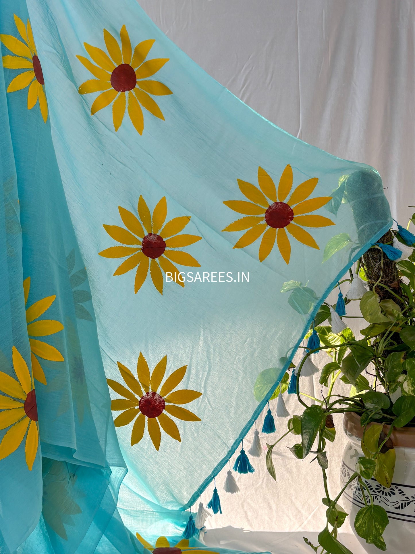 Hand Painted Mul Cotton Saree with Blouse | Sky Blue