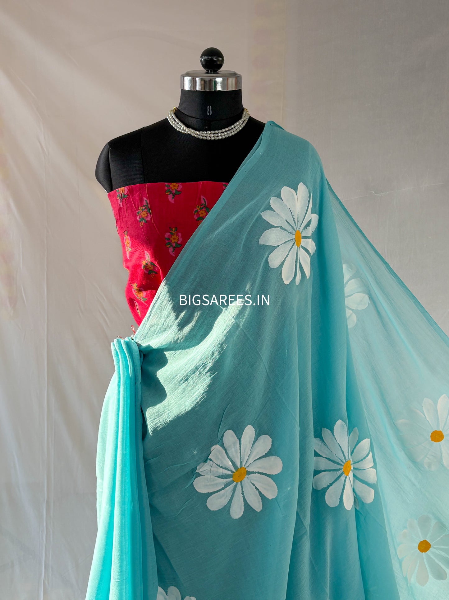 Hand Painted Mul Cotton Saree with Blouse | Sky Blue