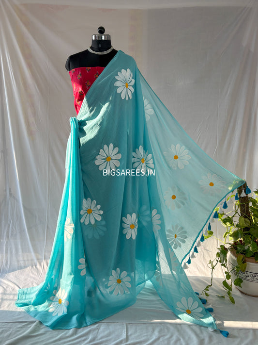 Hand Painted Mul Cotton Saree with Blouse | Sky Blue