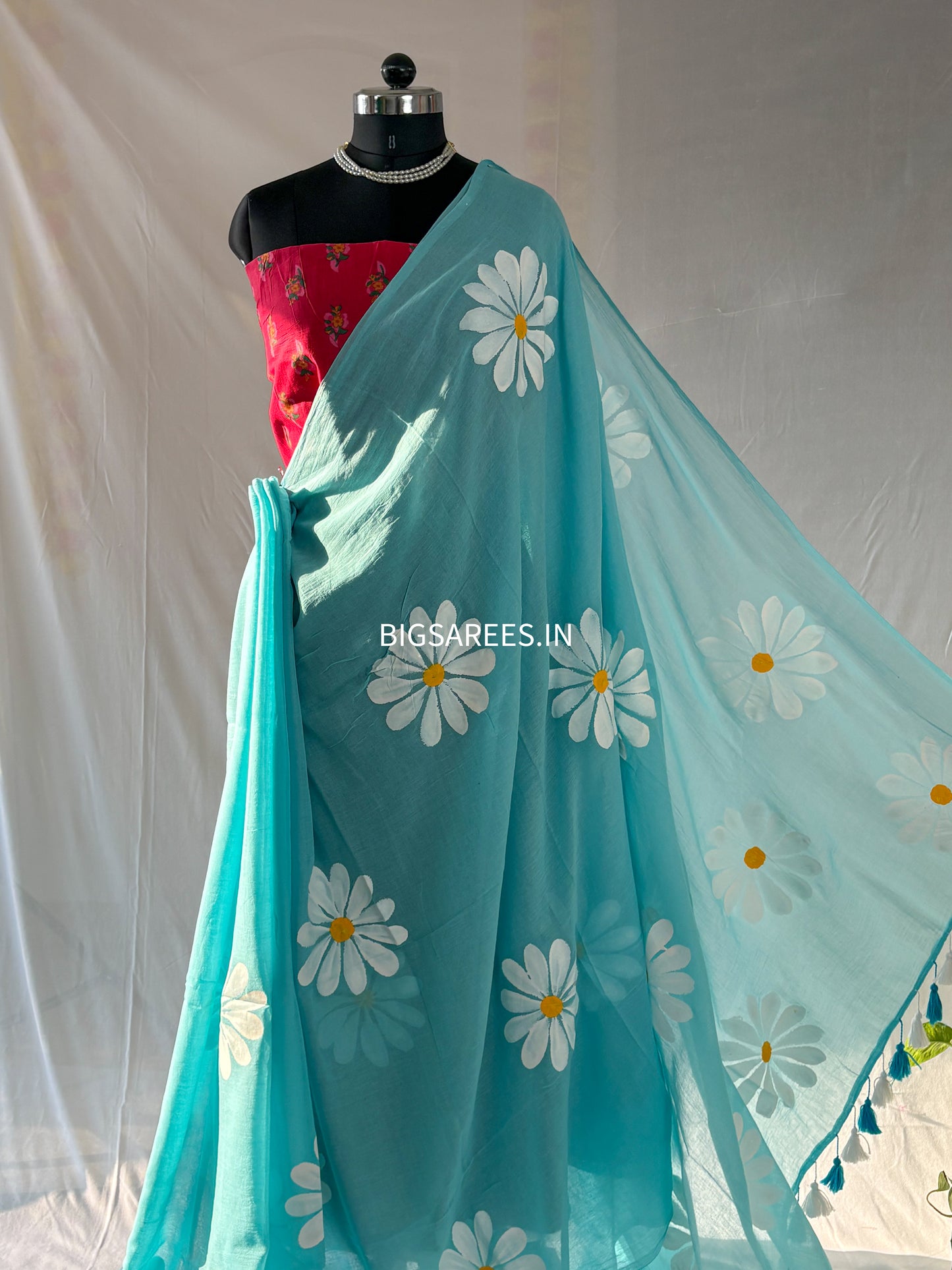 Hand Painted Mul Cotton Saree with Blouse | Sky Blue