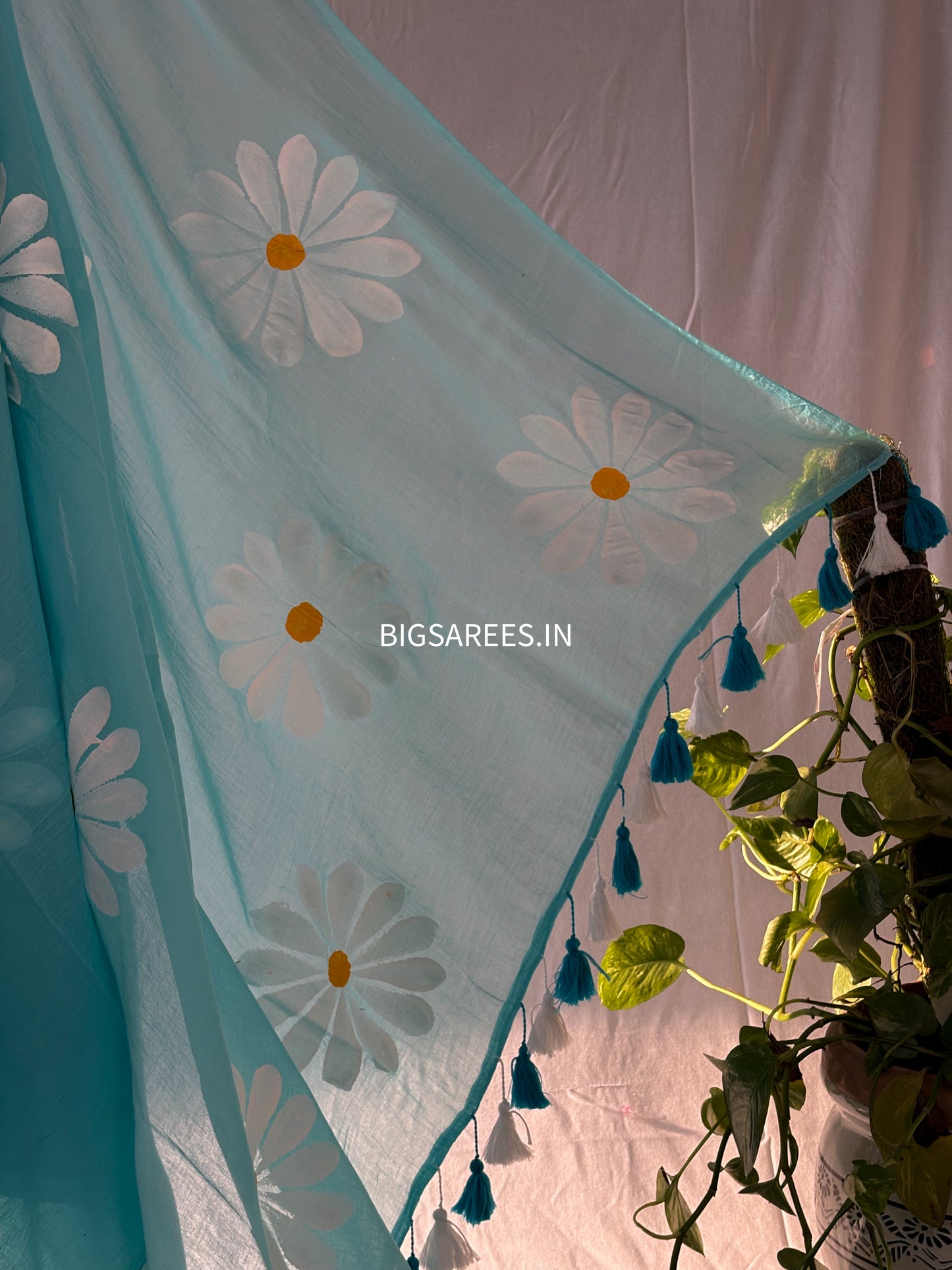 Hand Painted Mul Cotton Saree with Blouse | Sky Blue