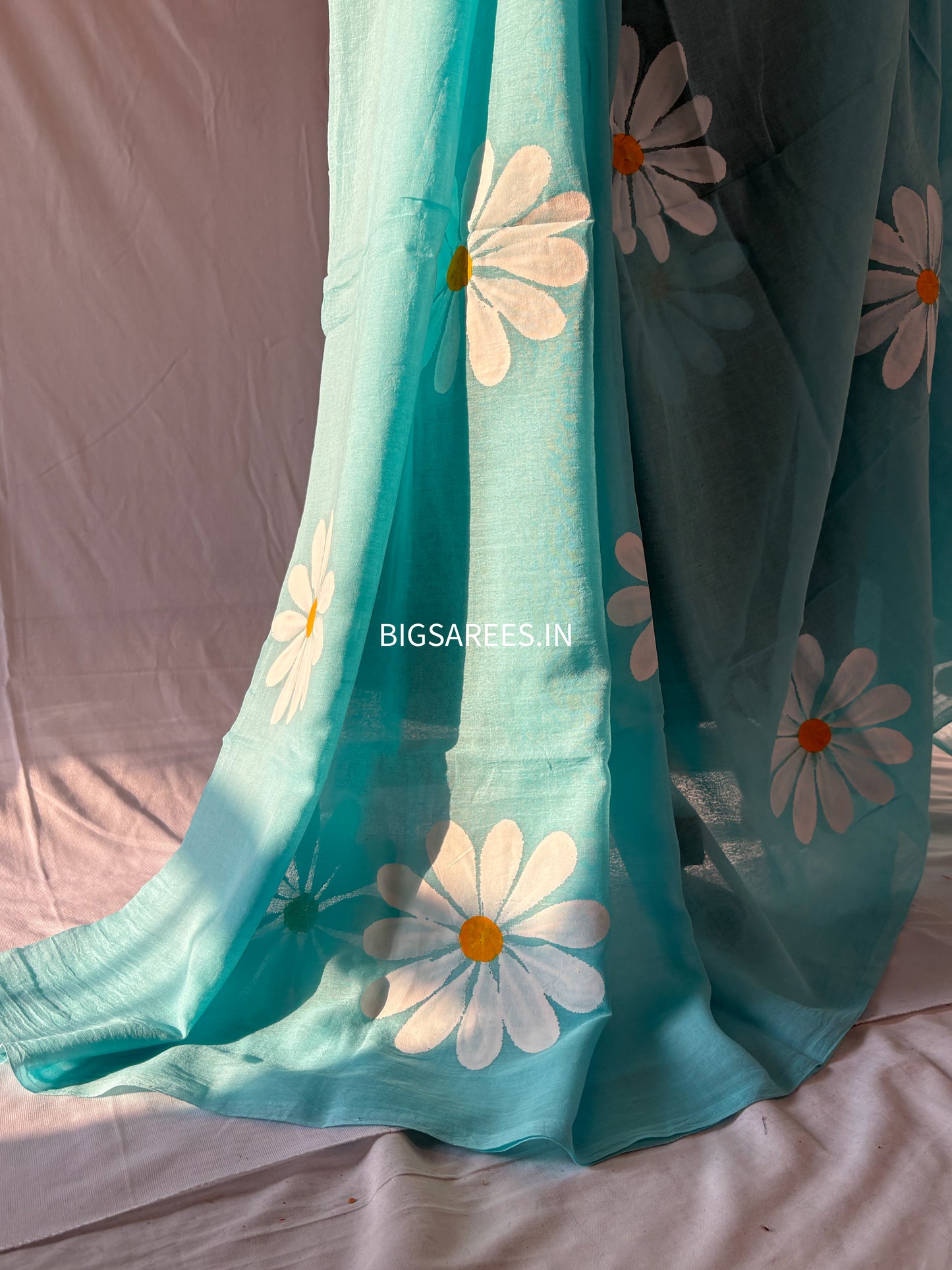 Hand Painted Mul Cotton Saree with Blouse | Sky Blue