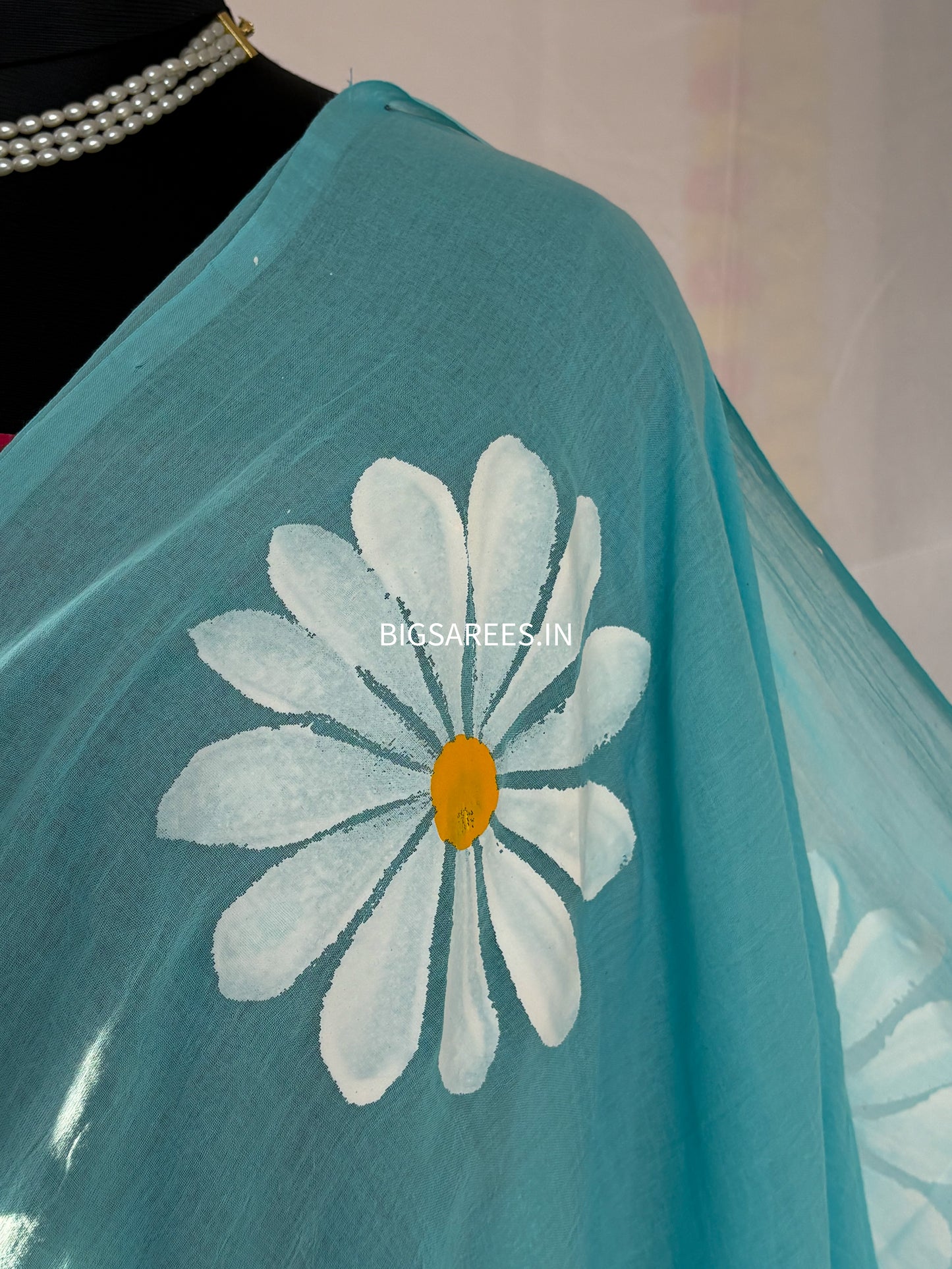 Hand Painted Mul Cotton Saree with Blouse | Sky Blue