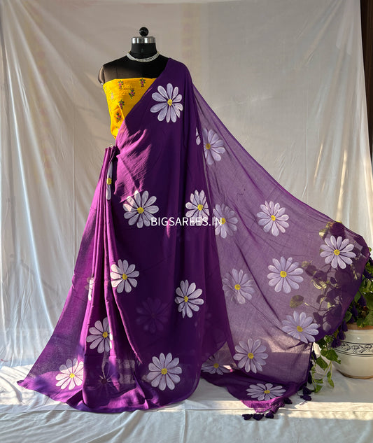 Hand Painted Mul Cotton Saree with Blouse | Purple