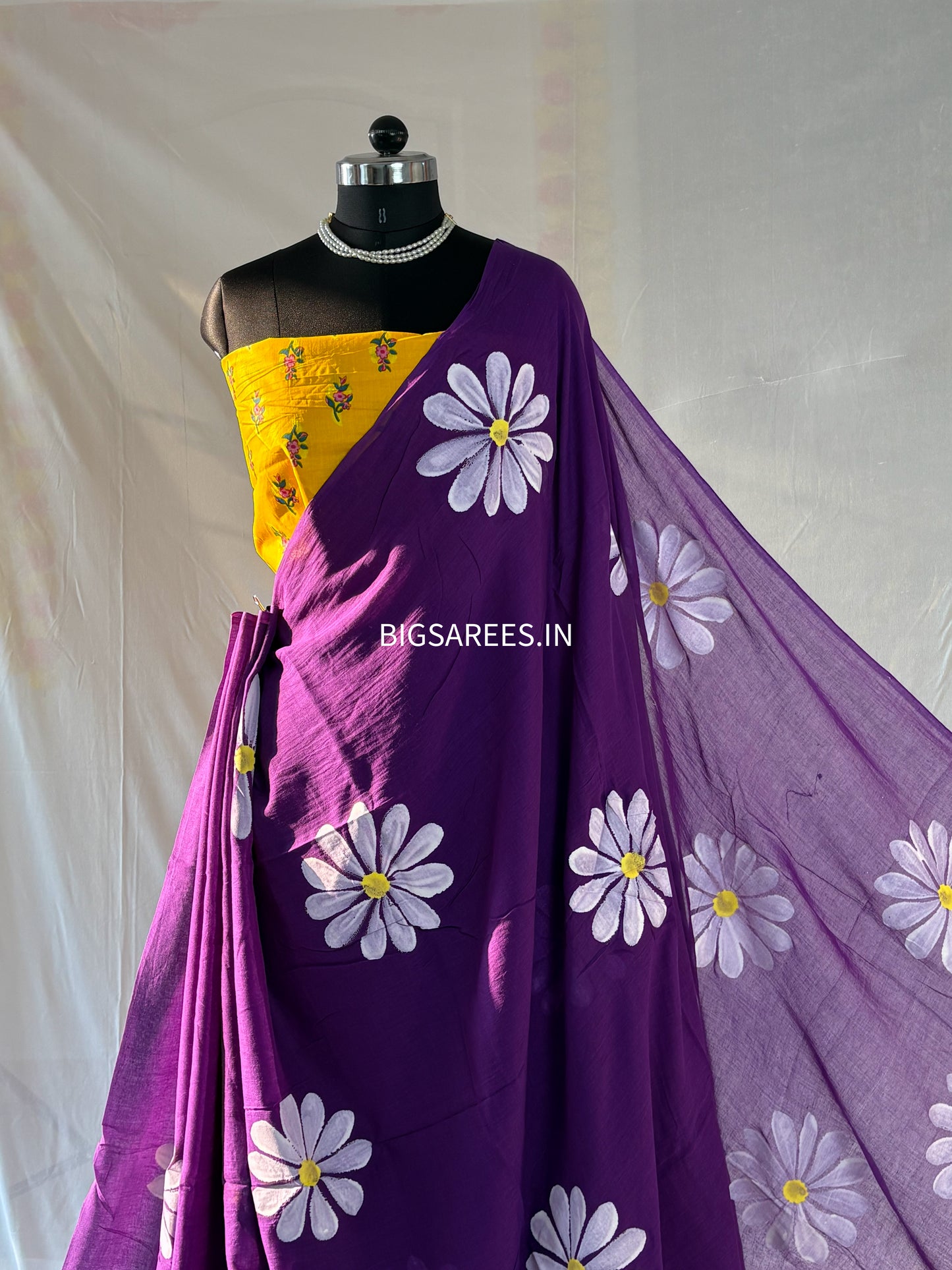 Hand Painted Mul Cotton Saree with Blouse | Purple
