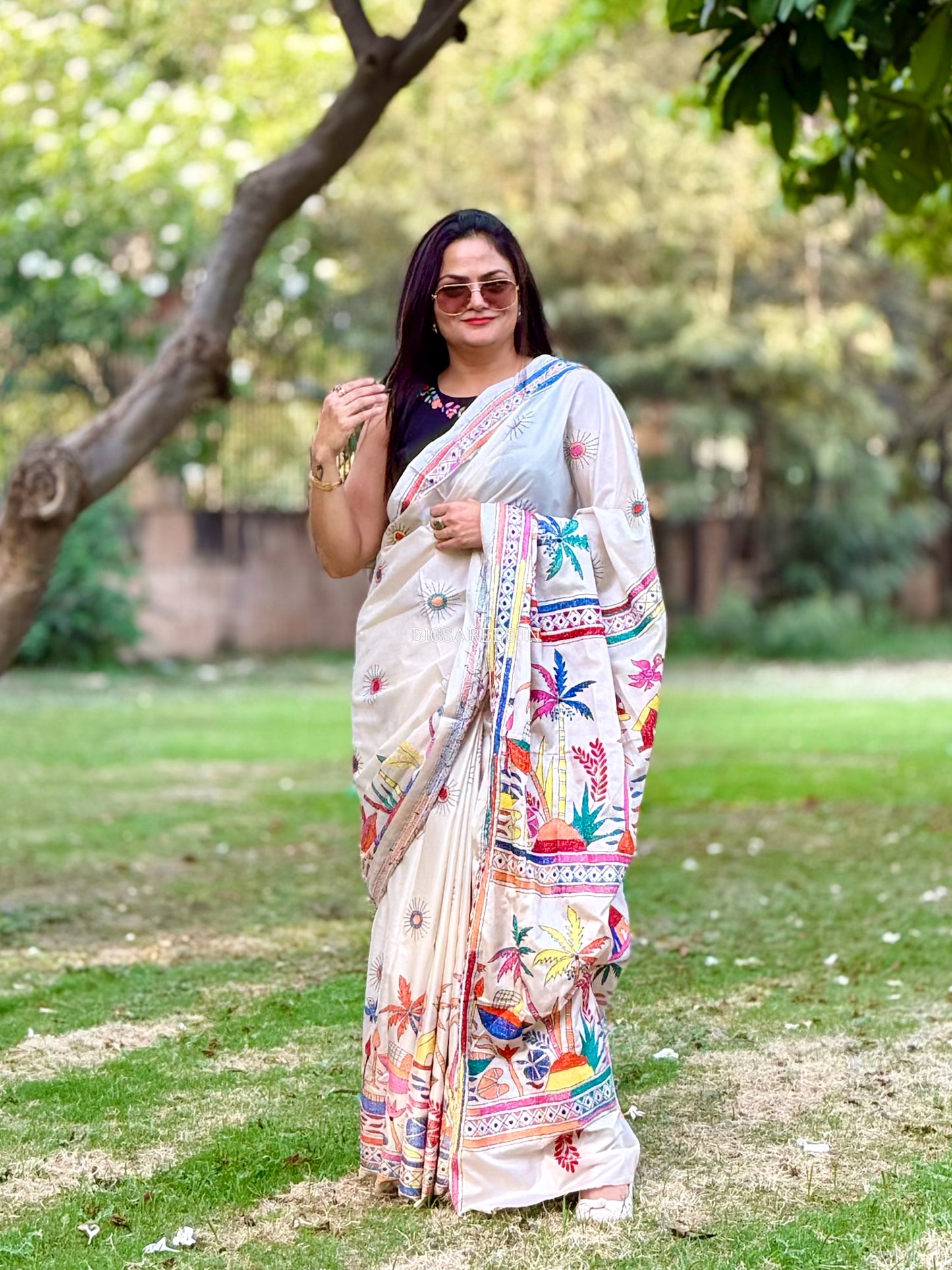 Kantha Stitch Hand Embroidered Saree | Blended Bangalore Silk / Art Silk | White