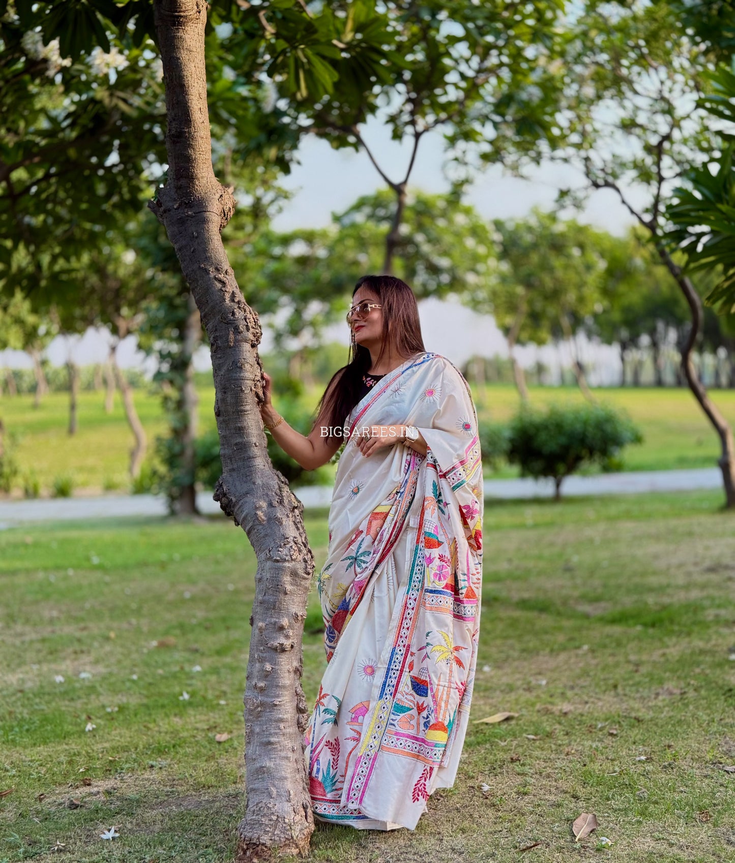 Kantha Stitch Hand Embroidered Saree | Blended Bangalore Silk / Art Silk | White