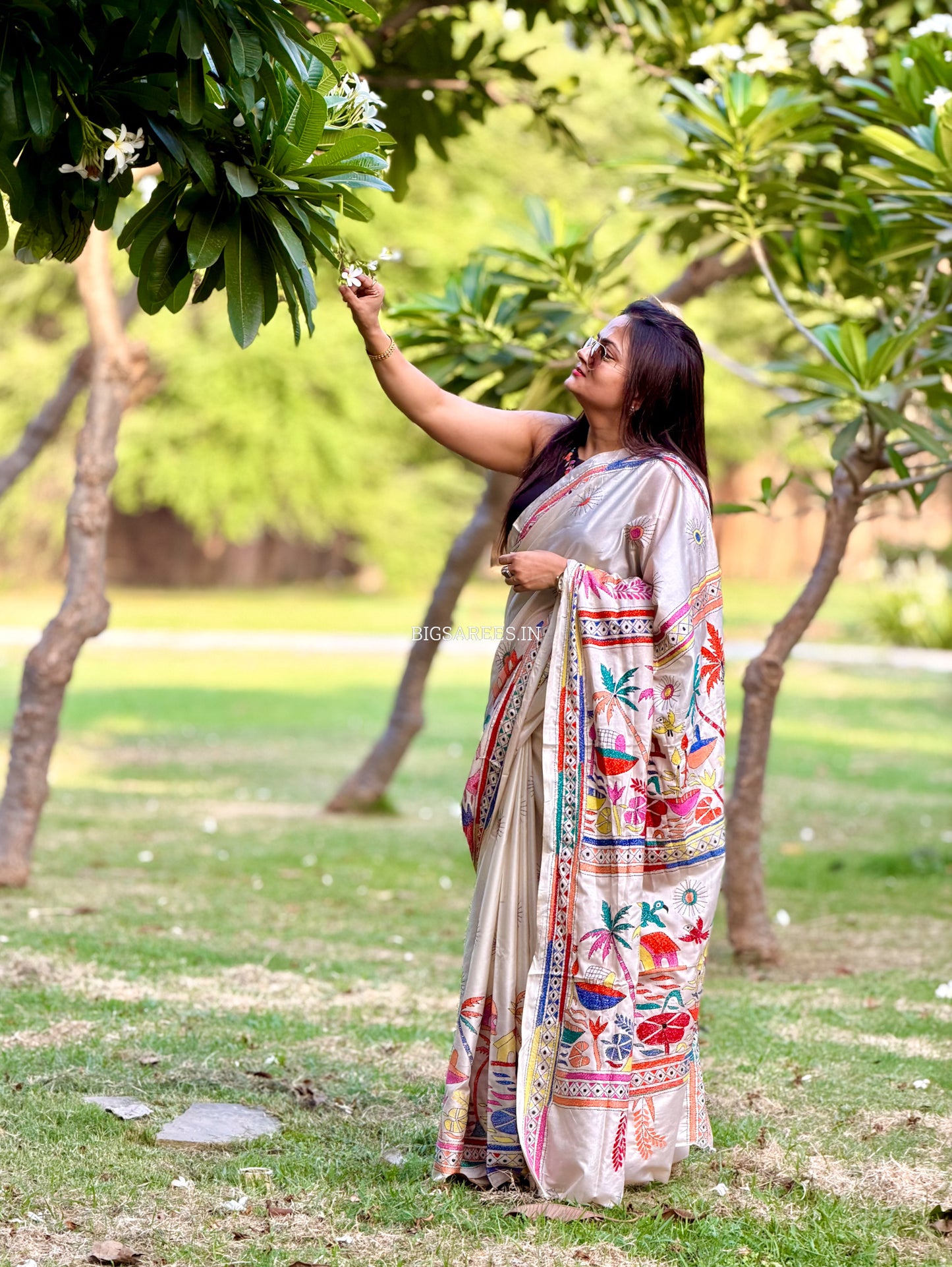 Kantha Stitch Hand Embroidered Saree | Blended Bangalore Silk / Art Silk | White
