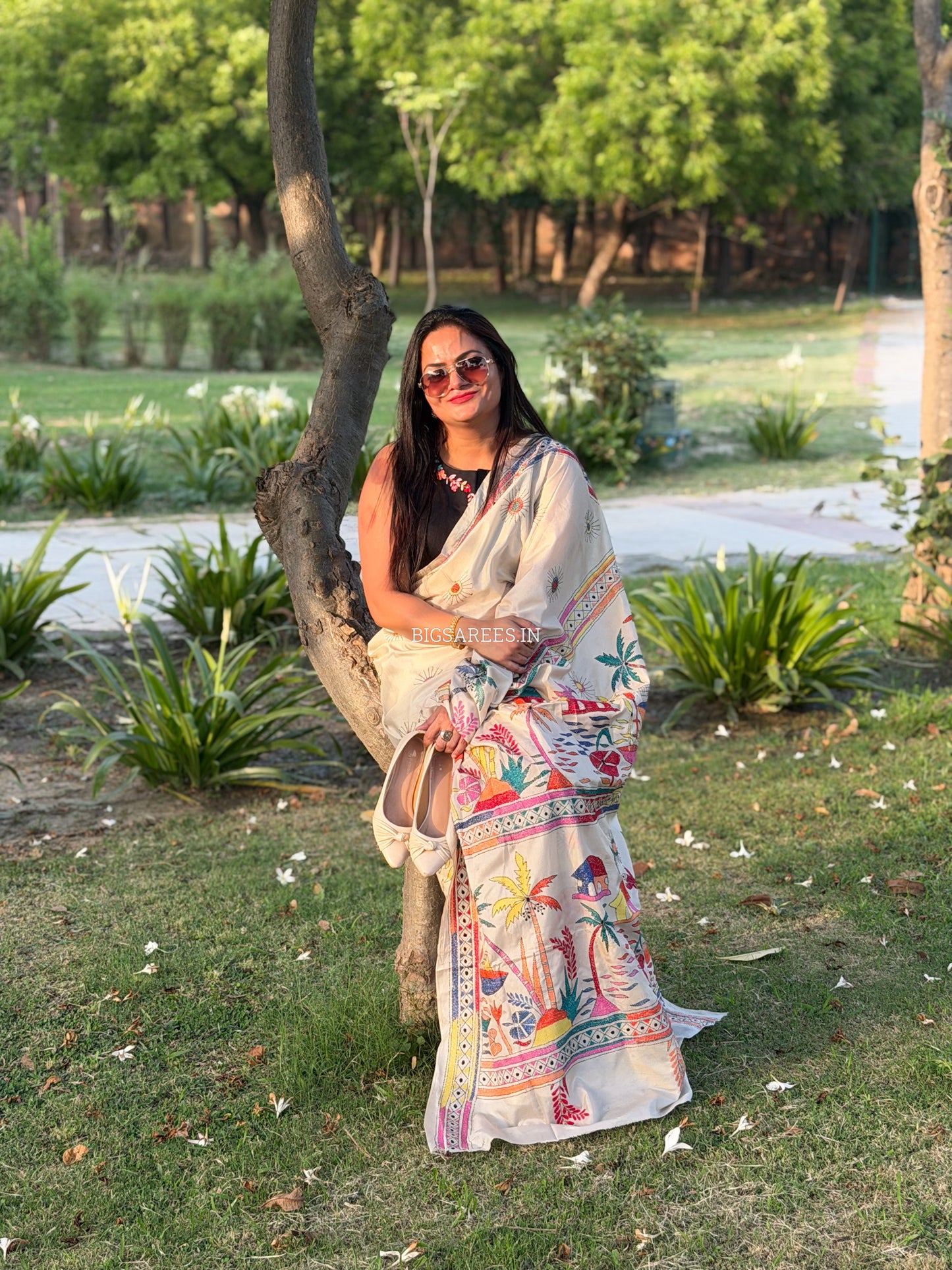 Kantha Stitch Hand Embroidered Saree | Blended Bangalore Silk / Art Silk | White