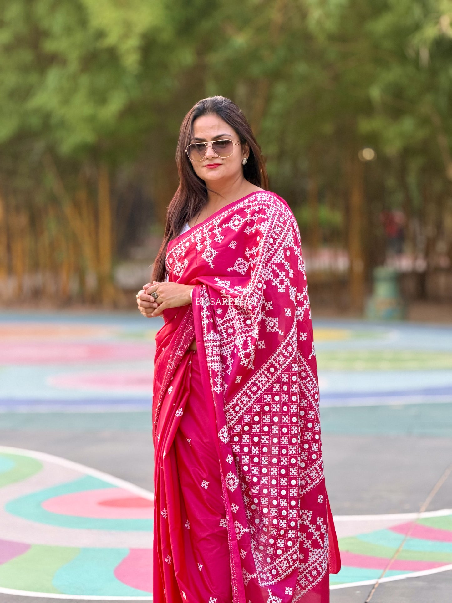 Kutchi/Gujarati Stitch Hand Embroidered Saree | Art Silk | Foil Mirror | Pink