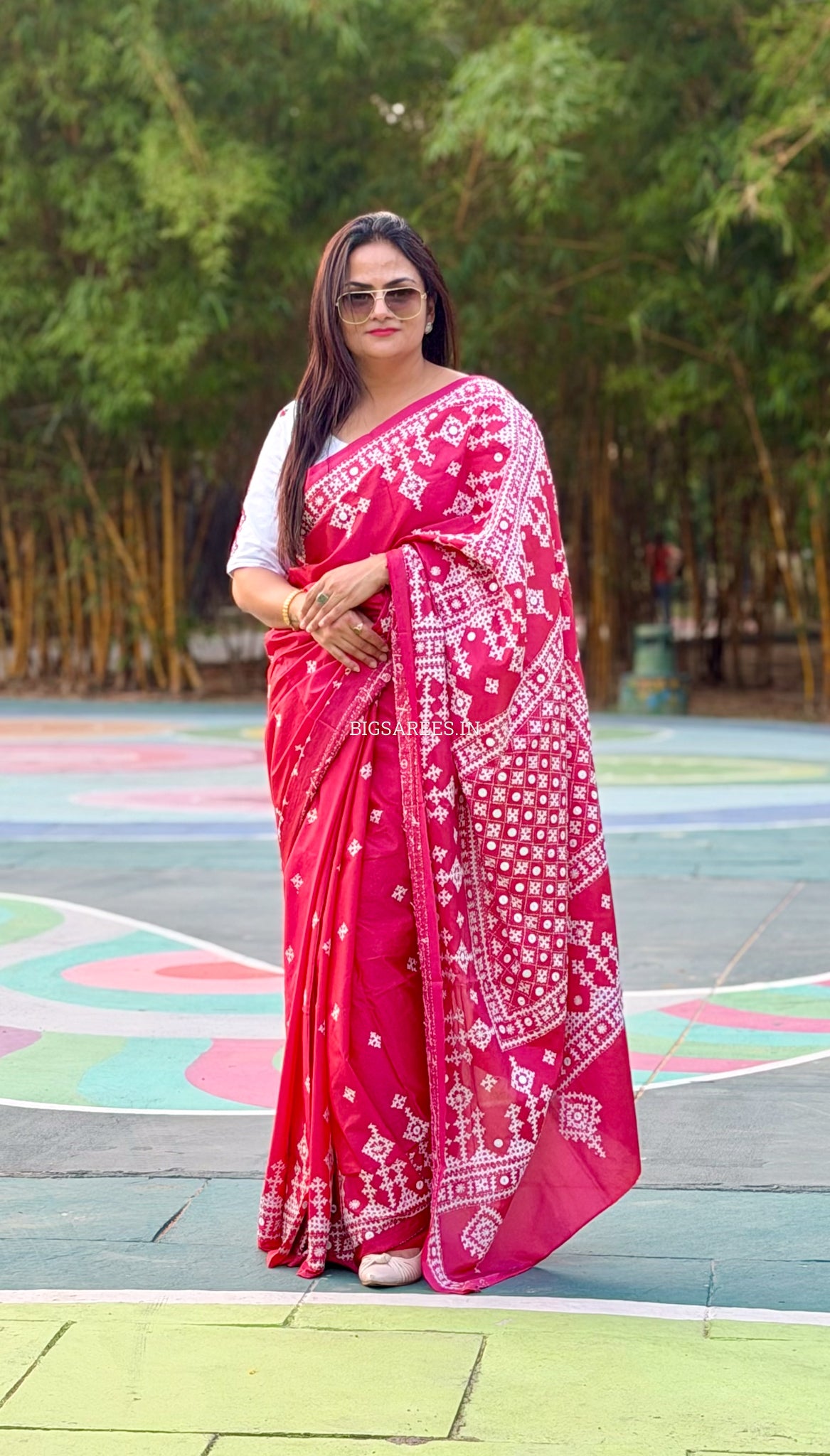 Kutchi/Gujarati Stitch Hand Embroidered Saree | Art Silk | Foil Mirror | Pink