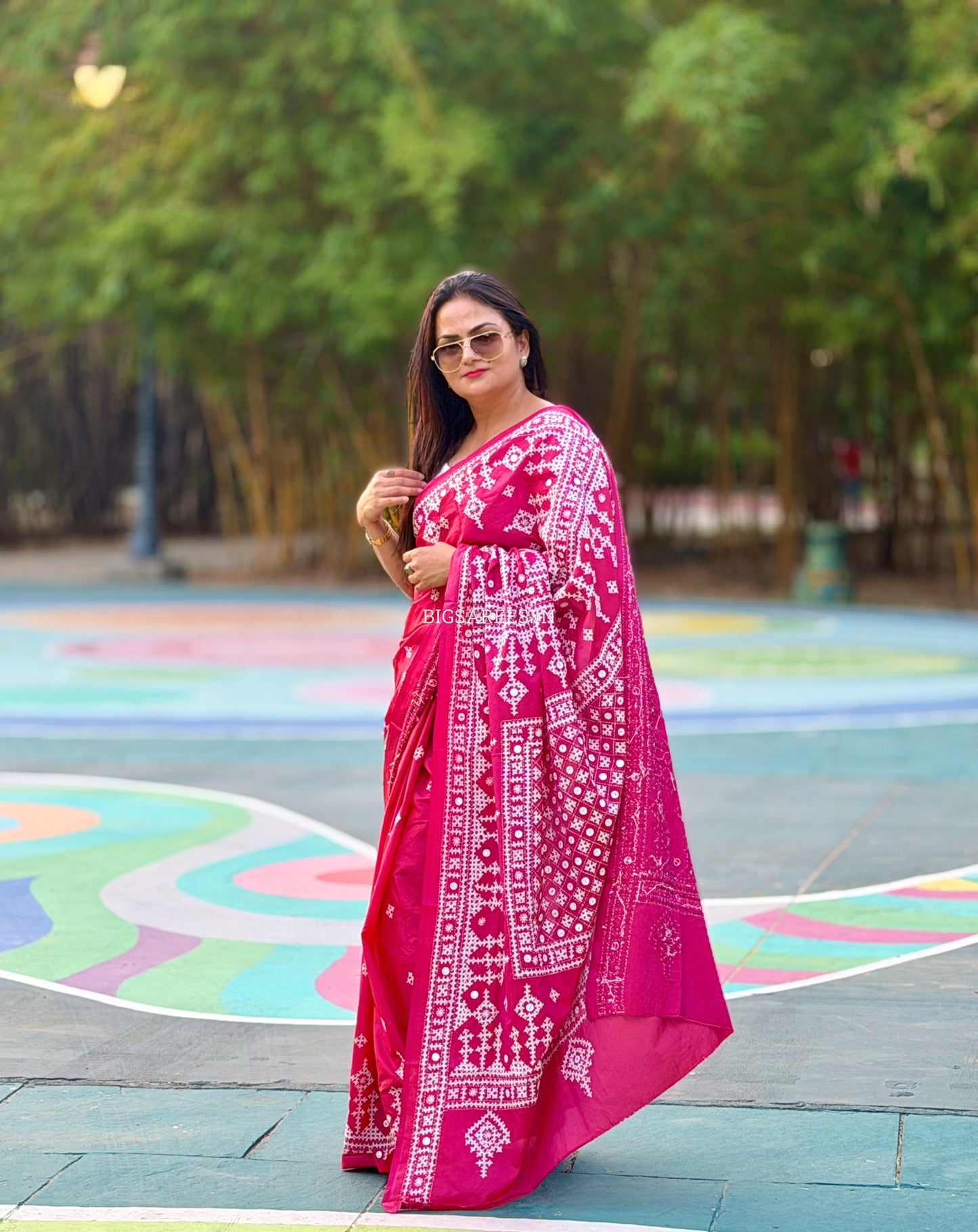 Kutchi/Gujarati Stitch Hand Embroidered Saree | Art Silk | Foil Mirror | Pink