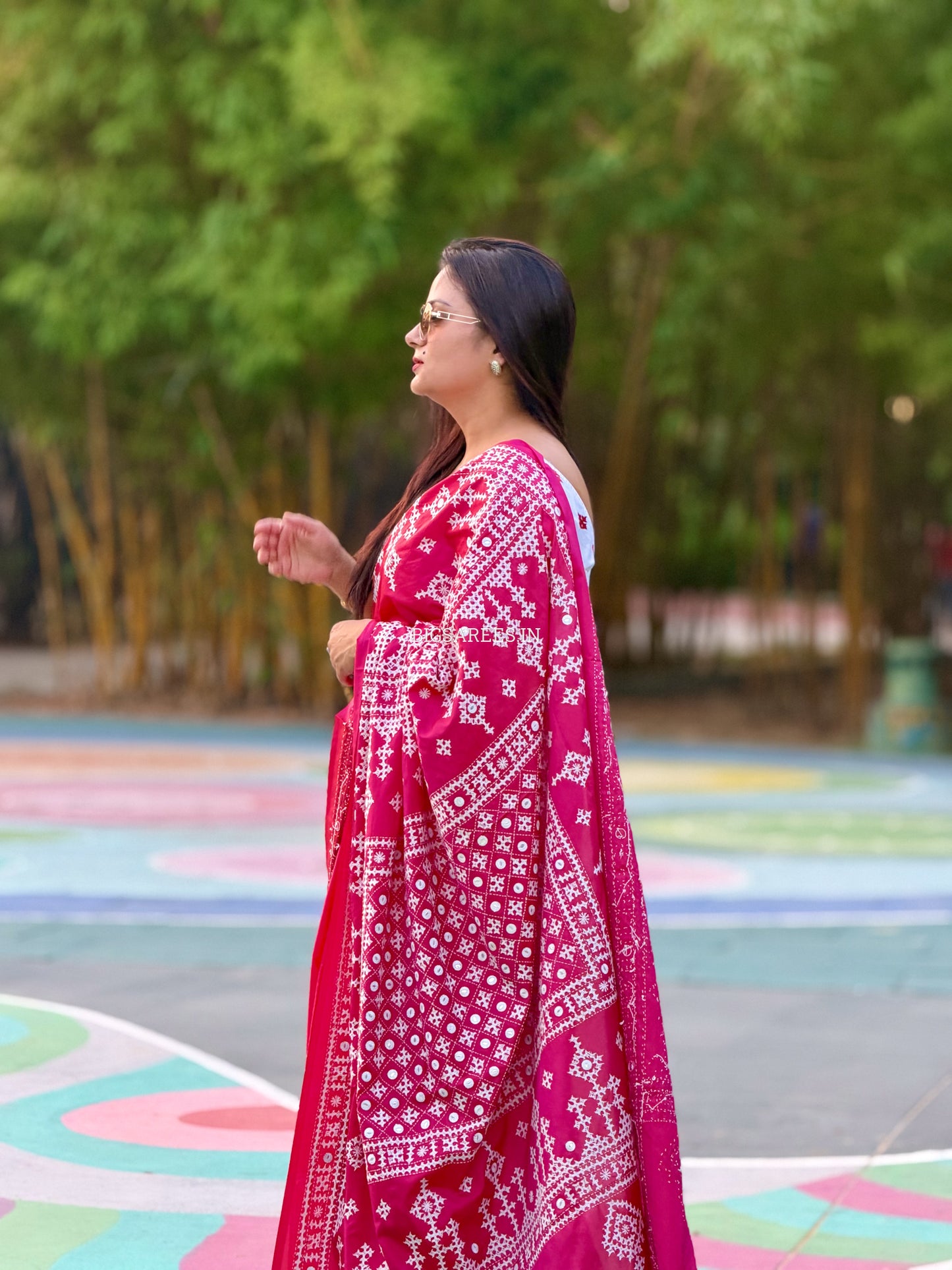 Kutchi/Gujarati Stitch Hand Embroidered Saree | Art Silk | Foil Mirror | Pink