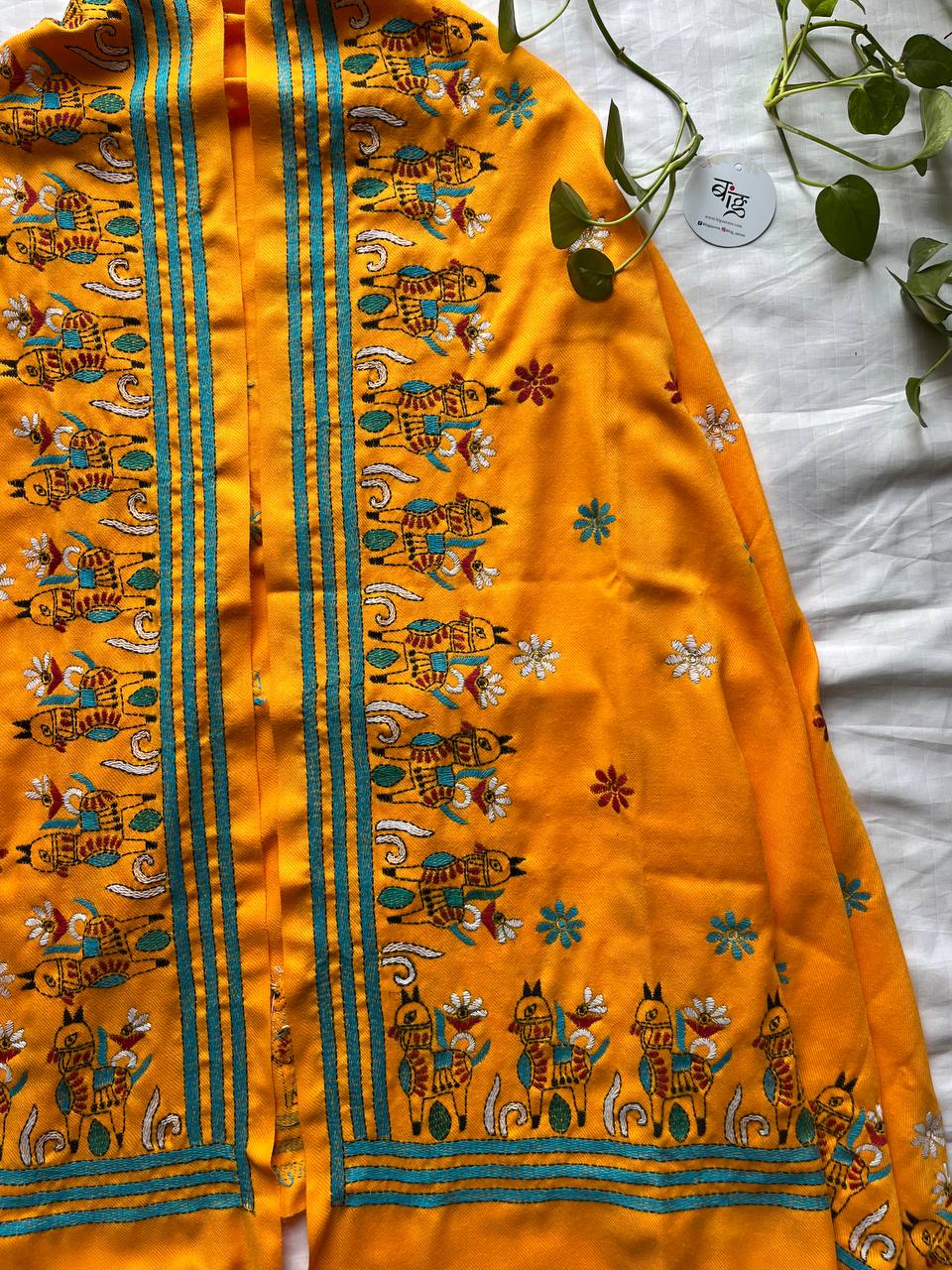 Kantha Hand Embroidered Warm Shawl (Yellow)