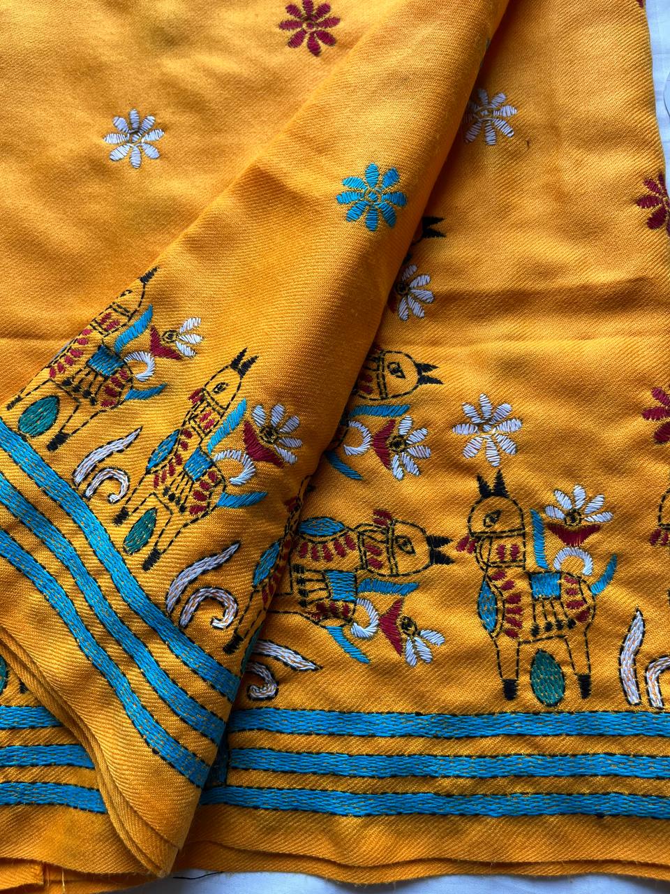 Kantha Hand Embroidered Warm Shawl (Yellow)