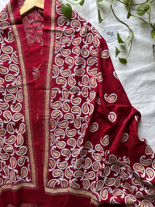 Kantha Hand Embroidered Warm Shawl (Maroon)