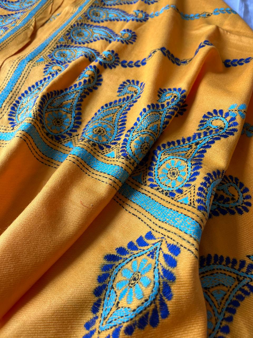 Kantha Hand Embroidered Warm Shawl (Yellow)